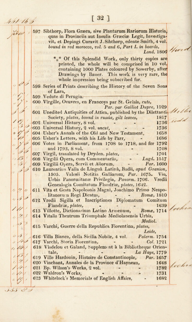 '/ // ,s 598 aoi 602 1 603 * r/ K 604 1817 1736 1736 1658 1686* & // i / [ 32 ] _ -__ ■■ --- Sibthorp, Flora Grseca, sive Plantarum Rariorum Historia, quas in Provinciis aut Insulis Graeciae Legit, Investiga- vit, et Depingi Curavit J. Sibthorp, edente Smith, 4 voh bound in red morocco, vol. 5 and 6, Part L in boards, Lond. 1806 *#* Of this Splendid Work, only thirty copies are printed, the whole will be comprised in 10 vol, containing 1000 Plates coloured by Sowerby, after Drawings by Bauer. This work is very rare, the whole impression being subscribed for. Series of Prints describing the History of the Seven Sons of Lara, Vedute di Perugiar-- Virgille, Oeuvres, en Francoys par St. Gelais, cuts, Par. par Galliot Dupre, 1529 Unedited Antiquities of Attica, published by the Dilettanti Society, plates, bound in russia, gilt leaves, Universal History, 8 vol. Universal History, 2 vol. uncut, Usher’s Annals of the Old and New Testament, Usher’s Letters, with his Life by Parr, Votes in Parliament, from 170S to 1718, and for 1792 and 1793, 8 vol. - - 1708 Virgil, translated by Dryden, plates, - 1701 Virgilii Opera, cum Commentariis, - Lugd. 1517 Virgilii Opera, Servii et Aiiorum, - Par. 1600 Ay 610 Laurentius Valla de Lingu& Latina, Badii, apud Granion, 1505. Valesii Notitia Galliarum, Par. 1675* Vio, Urbis Panormitanse Privilegia, Panorm. 1706. Vredii Genealogia Comitatum Flandriee, plates, 1642. Vita et. Gesta Napoleonis Magni, Joachimo Primo Neapo- litanoru n Regi Dicatus, - - Pomes, 1810 Vredii Sigilla et Inscriptiones Diplomatum Comitum Fiandrize, plates, - 1639 Villotte, Dictionarium Latino Armenuin, Pomes, 1714 Vitalis Theatrum Triumphale Mediolanensis Urbis, Mediol. Varchi, Guerre della Itepublica Fiorentina, plates, Leide, Villa Bianca, della Sicilia Nobile, 4 vol. Palerm. 1754 Varchi, Storia Fiorentina, - - Co/. 1721 Visdelou et Galand, Supplem< nt h la Bibliotheque Orien¬ tate, - - - La Haye, 1779 Ville Hardouin, Histoire de Constantinople, Par. 1657 Vinchant, Annales de la Province d’Hayneau, Bp. Wilson’s Works, 2 vol. Waldron’s Works, - - - Whitelock’s Memorials of English Affairs, ''V/ ? / 615 616 /