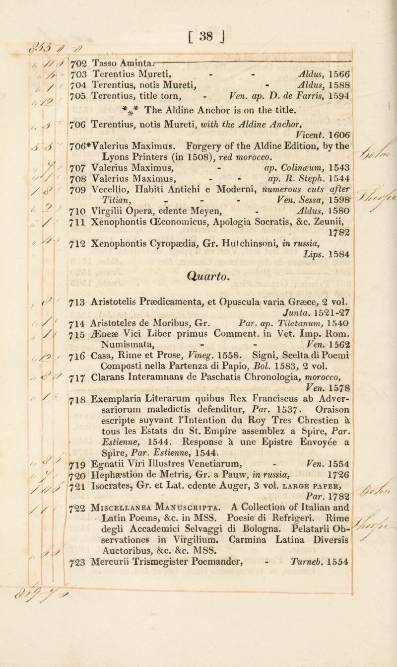 A A // /; * A ' /// ' // k2 702 Tasso Amintar /1 y - J' v' , ' tv, y///\< A A ' /, y f ,/ / * Av 703 Terentius Mureti, - - Aldus, 1566 704 Terentius, notis Mureti, - Aldus, 1588 705 Terentius, title torn, - Ven. ap. D. de Farris, 1594 *%* The Aidine Anchor is on the title. 706 Terentius, notis Mureti, with the Aidine Anchor, Vicent. 1606 706*Valerius Maximus. Forgery of the Aidine Edition, by the Lyons Printers (in 1508), red morocco. 707 Valerius Maximus, - ap. Colinceum, 1543 708 Valerius Maximus, - - ap. R. Steph. 1544 709 Vecellio, Habiti Antichi e Moderni, numerous cuts after Titian, - Ven. Sessa, 1598 710 Virgilii Opera, edente Meyen, - Aldus, 1580 711 Xenophontis CEconomicus, Apologia Socratis, &c. Zeunii, 1782 712 Xenophontis Cyropaedia, Gr. Hutchinsoni, in russia. Lips. 15S4 W' '/s<r y Quarto. 713 /> /S 714 > A 715 o /? s 716 / A* 717 // » VV- 718 o d' y 719 /, y, y r 720 721 // 722 !/v X 723 Aristotelis Preedicamenta, et Opuscula varia Greece, 2 vol. Junta. 1521-27 Aristoteles de Moribus, Gr. Far. ap. Tiletanum, 1540 iEnese Vici Liber primus Comment, in Vet. Imp. Rom. Numismata, - - Ven. 1562 Casa, Rime et Prose, Vineg. 1558. Signi, Scelta di Poemi Compost! nella Partenza di Papio, Bol. 1583, 2 vol. Clarans Interamnans de Paschatis Chronologia, morocco, Ven. 1578 Exemplaria Literarum quibus Rex Franciscus ab Adver- sariorum maledictis defenditur, Par. 1537- Oraison escripte suyvant l’lntention du Roy Tres Chrestien h tous les Estats du St. Empire assemblez a Spire, Far. Estienne, 1544. Response h une Epistre Envoy ee a Spire, Par. Estienne, 1544. Egnatii Viri Illustres Venetiarum, - Ven. 1554 Hephsestion de Metris, Gr. a Pauw, in russia, 1726 Isocrates, Gr. et Lat. edente Auger, 3 vol. large paper. Par. 1782 Miscellanea Manuscripta. A Collection of Italian and Latin Poems, &c. in MSS. Poesie di Refrigeri. Rime degli Accademici Selvaggi di Bologna. Pelatarii Qb- servationes in Virgilium. Carmina Latina Diversis Auctoribus, &c. &c. MSS. Mercurii Trismegister Poemander, - Turneb. 1554 /V ys/sst v y V- y y 'ss;: y r