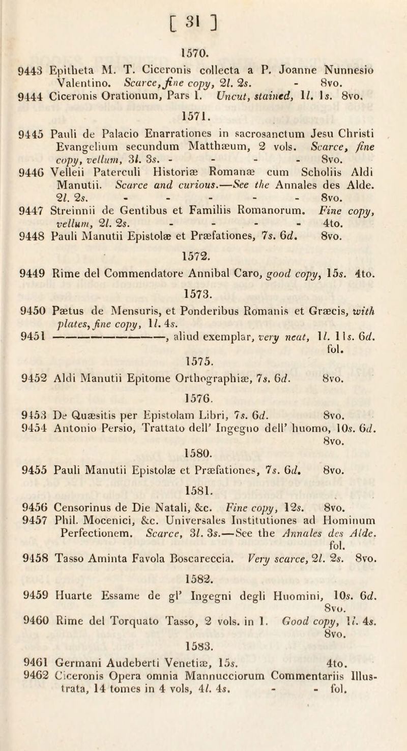 1570. 9443 Epilheta M. T. Ciccronis collecta a P. Joanne Nunnesio Valentino. Scarce, Jine copy, 21. 2s. - 8vo. 9444 Ciceronis Orationum, Pars 1. Uncut, stained, 1/. Is. 8vo. 1571. 9445 Panli de Palacio Enarrationes in sacrosanctum Jesu Christi Evangeliuin secundum Matthaeum, 2 vols. Scarce, fine copy, vellum, 31. 3s. - - - - 8vo. 9440 Velleii Paterculi Historiae Romanae cum Scholiis Aldi Manutii. Scarce and curious.—See the Annales des Aide. 21. 2s. - - - - - Svo. 9447 Streinnii de Gentibus et Familiis Romanorum. Fine copy, vellum, 21. 2s. ... - 4to. 9448 Pauli Alanutii Epistolae et Praefationes, 7s. Qd. Svo. 1572. 9449 Rime del Commendatore Annibal Caro, goorf copy, 15s, 4to. 1573. 9450 Paetus de Mensuris, et Ponderibus Romanis et Graecis, with plates, fine copy, \l. 4s. 9451 ---, aliud exemplar, very neat, 1/. lis. Qd. fob 1575. 9452 Aldi Manutii Epitome Orthographiae, 7s. Qd. Svo, 1576. 9453 De Qussitis per Epistolam Libri, 7s. Qd. Svo. 9454 Antonio Persio, Trattato dell' Ingegno dell’ huomo, 10s. Qd. 9455 Pauli Manutii Epistolae et Prsfationes, 7s. 6(/. Svo. 1581. 9450 Censorious de Die Natali, &c. Fine copy, 12s. Svo. 9457 Phil. Mocenici, &c. Universales Institutiones ad Hominum Perfectionem. Scarce, 31. 3s.—See the Annales dcs Aide. fol. 9458 Tasso Aminta Favola Boscareccia. Very scarce, 21. 2s. Svo, 1582. 9459 Huarte Essame de gl’ Ingegni degli Huomini, lOs. Qd. Svo. 9460 Rime del Torquato Tasso, 2 vols. in 1. Good copy, 1/. 4s. Svo. 1583. 9461 Germani Audeberti Veneti®, 15s. 4to. 9462 Ciceronis Opera omnia Mannucciorum Commentariis lllus- trata, 14 tomes in 4 vols, 4/. 4s. - - fol.