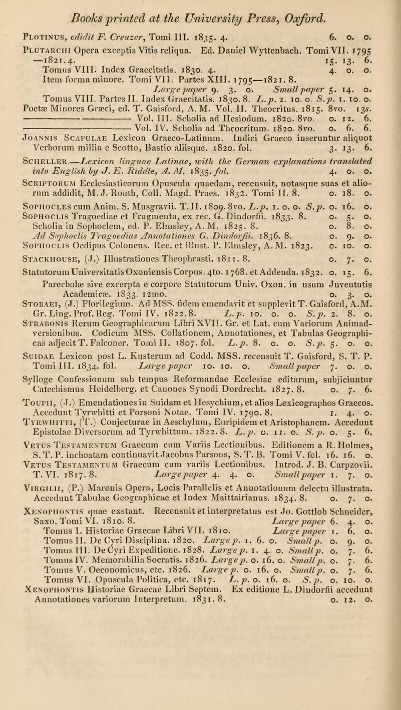 Plotinus, edidlt F. Creiizer, Torai III. 18.35. 4- Plutarch I Opera cxccptis Vitis reliqua. Ed. Daniel VVyttenbacli. Tomi VII. 1795 —1821.4. IS- 13- 6. Tomns VIII. Index Graecitatls. 1830. 4. 4. o. o. Item forma miuore. Tomi VII. Partes XIII. 1795—1821. 8. Large paper 9. 3. o. Small paper 5. 14. o. Tomus VIII. Partes II. Index (Iraecitatis. 1830. 8. L.p. 2. 10. o. S.p. t. 10. o. Poetse Minorcs Grseci, ed. T. Gaisford, A. M. Vol. II. Theocritus. 1815. 8vo. 13s. -Vol. III. Scholia ad Hesiodum. 1820. 8vo. o. 12. 6. -Vol. IV. Scholia ad Theocritum. 1820. 8vo. o. 6. 6. JoANNis Scapulae Lexicon Graeco-Latinnm. Indici Graeco inseruntur aliquot Verborum millia e Scotto, Bastio aliisqne. 1820. fol. 3. 13. 6. Scheller—Lexicon linguae Lalinae, with the German explanations translated into English by J. E. Riddle, A. JM. fol, 4. o. o. ScRiPTORUM Eeclcsiasticorum Opiiscula quaedam, recensuit, notasqne suas et alio- rnm addidit, M.J.Routh, Coll. Magd. Praes. 1832. Tomi II. 8 Sophocles cum Auim. S. Musgravii. T. II. 1809. 8vo.i. o. a SoPHOCLis Tragoediae ct Fragmenta, ex rec. G. Dindoi fii. 1833. Scliolia in Sophoclcm, ed. P. Elmsley, A. M. 1825. 8. Ad Sophoclis Trugoedias Annotaliones G.Dindorfii. 1836. 8. SoPHOCLis Oedipus Coloneus. Rec. et illust. P. Elmsley, A.M. i! Stackhouse, (J.) Illnstratioues Theophrasti. 1811.8. Statutorum UniversitatisOxonieusis Corpus. 4to. 1768. et Addenda Parecbolae sive excerpta e corpore Statutorum Univ. Oxon. in usum Juventutis Academicfe. 1833. 121110. Stobaei, (J.) Florilegium. Ad MSS. fidem eniendavit ct snpplevit T. Gaisford, A.M. Gr. Ling. Prof.Reg. Tomi IV. 1822.8. L.p. 10. o. o. S.j). 2. 8. o. Strabonis Rerum Gcographicarum LibriXVII. Gr. et Lat. cum Variorum Animad- versionibus. Codicum MSS. Collationem, Aunotationes, et Tabulas Geographi- cas adjecit T. Falconer. Tomi 11. 1807. fol. L.p. 8. o. o. S.j). 5. o. o. 1. 0. 18. 0. 5. S.p. 0. 16. 0. 8. 0. .S- 0. 0. 8. 0. 0. 9- 0. 00 0. 10. 0. 0. 7- 0. . 1832. 0. IS- 6. 1 nsum Juventutis 0. 3- 0. SuiDAE Lexicon post L. Kiisterum ad Codd. MSS. recensuit T. Gaisford, S. T. P. Tomi II1. 1834. fol. Large paper 10. 10. o. Stnall paper 7. o. o. Sylloge Confessionum sub tempus Reformandae Ecclesiae editarnm, subjiciuntiir Catecliisnius Heidelberg, ct Canones Synodi Dordrecht. 1827. 8. o. 7. 6. Toupii, (.1.) Emendationes in Suidani et Hesychiiim, et alios Lexicographos Graecos. Accedunt Tyrwhitti et Porsoui Notae. Tomi IV. 1790. 8. i. 4. o. Tyrwhitti, (T.) Conjecturae in Aeschylum, Euripidem et Aristophanem. Accedunt Epistolae Divcrsoriini ad Tyrwliittnni. 1822. 8. Z/./i. o. 11. o. S.p. o. 5. 6. Vetus Testamentum Graecum ciim Variis Lectionibus. Editionem a R. Holmes, S. T. P. inchoatam contiuuavit Jacobus Parsons, S. T. B. Tomi V. fol. 16. 16. o. Vetus Testamentum Graecum cum variis Lectionibus. Introd. J. B. Carpzovii. T. VL 1817.8. Large paper 4. 4. o. Small paper i. 7. o. ViRGiLii, (P.) Marouis Opera, Locis Parallclis et Annotatiomim delectu illustrata. Accedunt Tabulae Geographicae et Index Maittairianus. 1834. 8. o. 7. o. Xenophontis quae exstant. Recensuit et interpretatus est Jo. Gottlob Schneider, Saxo. Tomi VI. 1810. 8. Large paper 6. 4. o. Tomus I. Historiae Graecae Libri VH. 1810. Large paper i. 6. o. Tomus H. De Cyri Discipliua. 1820. Largep. i. 6. o. Smallp. o. 9. o. Tomns HI. De Cyri Expeditioue. 1828. Largep.\. 4. o. Smallp. o. 7. 6. Tomus IV. Memorabilia Socratis. 1826. Largep. o. 16. o. Smallp. o. 7. 6. Tomus V. Oecouomicus, etc. 1826. Large p. o. 16. o. Smallp. o. 7. 6. Tomus VI. Opuscula Politica, etc. 1817. Ij.p.o. 16. o. S.p. o. 10. o. Xenophontis Historiae Graecae Libri Septem. E.x editioue L. Dindorfii accedunt Annotationes variorum interpretum. 1831.8. o. 12. o.