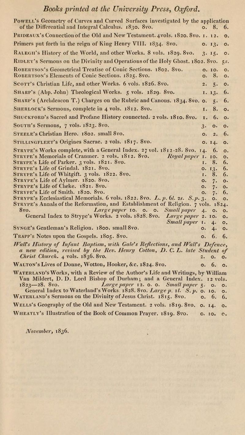 Powell’s Geometry of Giirves and C\irved Surfaces investigated by tbe application of the Differential and Integral Calculus. 1830. 8vo. o. 8. 6. PiUDEAUx’s Connection of the Old and New Testament. 4vols. 1820. 8vo. i. 12. o. Primers put forth ill the reign of King Henry VIII. 1834. 8vo. o. 13. o. Ralegh's History of the World, and other Works. 8 vols. 1829. 8vo. 3. 15. o. Ridley’s Sermons on the Divinity and Operatiousof the Holy Ghost. 1802. 8vo. 5.9. Robertson’s Geometrical Treatise of Conic Sections. 1802. 8vo. o. 10. o. Robertson’s Elements of Conic Sections. 1825. 8vo. o. 8. o. Scott’s Christian Life, and other Works. 6 vols. 182C. 8vo. 2. 5. o. Sharp’s (Abp. John) Theological Works. 5 vols. 1829. 8vo. i. 13. 6. Sharp’s (Archdeacon T.) Charges on the Rubric and Canons. 1834.89-0. o. 5. 6. Sherlock’s Sermons, complete in 4 vols. 1812. 8vo. i. 8. o. Shuckford’s Sacred and Profane History connected. 2 vols. 1810. 8vo. i. 6. o. South’s Sermons, 7 vols. 1823. 8vo. 3. o. o. Steele’s Christian Hero. 1802. small 8vo. o. 2. 6. Stillingfleet’s Origines Sacrae. 2 vols. 1817. 8vo. o. Strype’s Works complete, with a General Index. 27vol. 1812-28. 8vo. 14. Strype’s Memorials of Cranmer. 2 vols. 1812. 8vo. lioyaljmper i. Strype’s Life of Parker. 3 vols. 1821. 8vo. i. Strype’s Life of Grindal. 1821. 8vo. o. Strype’s Life of Whitgift. 3 vols. 1822. 8vo. i. Strype’s Life of Aylmer. 1820. 8vo. o. Strype’s Life of Clieke. 1821. 8vo. o. Strype’s Life of Smith. 1820. 8vo. o. 14. 6. 10. 8. L^- 8. 7- 7- 7- o. Strype’s Ecclesiastical Memorials. 6 vols. 1822. 8vo. Ij.p. 6/. is. S.p. 3 Strype’s Annals of the Reformation, and Establishment of Religion. 7 vols. 1824. 8vo. Large paper 10. o. o. Small paper 4. o. o. General Index to Strype’s Works. 2 vols. 1828. 8vo. Large paper 2. 10. o. Small paper i. 4. o. Synge’s Gentleman’s Religion. 1800. small 8vo. o. 4. o. Trapp’s Notes upon the Gospels. 1805. 8vo. o. 6, 6. Tf'aWs History of Infant Baptism, with Gale's Reflections, and Wall's Defence, a new edition, revised by the Rev. Henry Cotton, D. C. L. late Student of Christ Church. 4 vols. 1836. 8vo. 2. o. o. Walton’s Lives of Donne, Wotton, Hooker, &c. 1824. 8vo. o. 6. o. Waterland’s Works, with a Review of the Author’s Life and Writings, by William Van Mildert, D. D. Lord Bishop of Durham; and a General Index. 12 vols. 1823—28. 8vo. Large paper i2. o. o. Small paper 5. o. o. General Index to Watcrland’s Works 1828. 8vo./yorge71. 1/. S.p. o. 10. o. Waterland’s Sermons on the Divinity of Jesus Christ. 1815. 8vo. o. 6. 6. Wells’s Geography of the Old and New Testament. 2 vols. 1819. 8vo. o. 14. o. Wmeatly’s Illustration of the Book of Common Pra}’er. 1819. 8vo. o. 10. c. November, 1836.