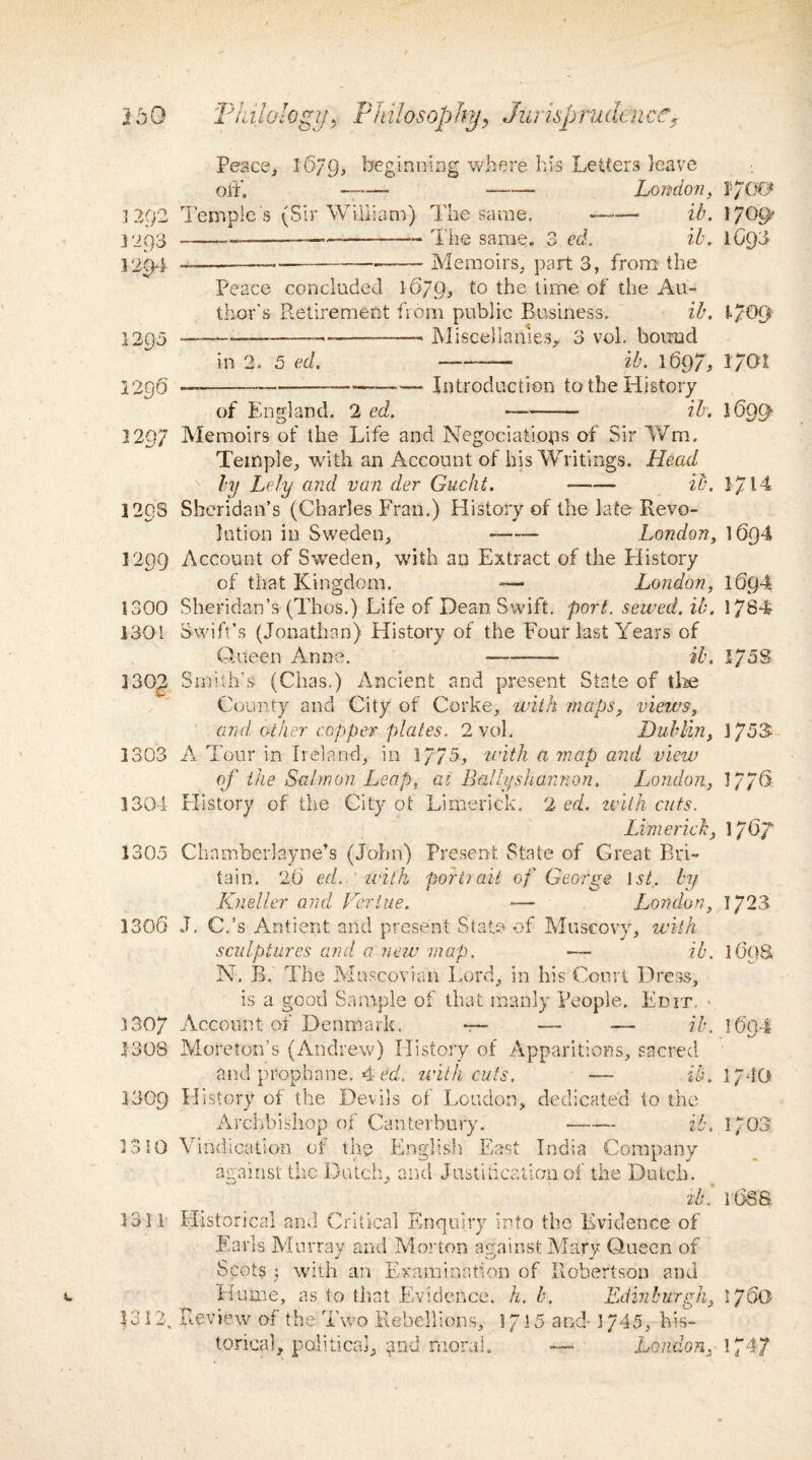 ibQ ] 2f/2 j 293 1294 1295 1296 229; 120S 2299 1300 1301 2 30^ 1303 1305 1306 1307 2308 1309 1310 :s 3 31 2312, 'Philology, hilosoplry, Jump rudeuce. Peace, 1679, beginning where bis Letters leave off. —-— -—— London, V/G& Temple s (Sir William) The same. —— ib. I/O --———— —-— The same. 3 ed. ib. 1693 — ---— Memoirs, part 3, from the Peace concluded 1679, to the time of the Au¬ thor's Retirement from public Business. ib. l/OQ ~——-—---- Miscellanies, 3 vol, bound in 2. 5 ed. -- ib. 1697, I70i — -———-- Introduction to the History of England. 2 ed. —-— ib. 1609 Memoirs of the Life and Negotiations of Sir Wm. Temple, with an Account of his Writings. Head by Lely and van der Gucht. - ib. 1714 Sheridan’s (Charles Fran.) History of the late Revo¬ lution in Sweden, -—— London, 1694 Account of Sweden, with an Extract of the History of that Kingdom. -— London, 1694 Sheridan’s-(Thos.) Life of Dean Swift, port, sewed, ib. 1784 Swift’s (Jonathan) History of the Four last Years of Queen Anne. ■— -- ib. 1/58 Smith’s (Chas.) Ancient and present State of the County and City of Corke, with maps, views, and other copper plates. 2 vol. Dublin, ]p52- A Tour in Ireland, in 1775, with a map and view of the Salmon Leap, at Bally shannon. London, ] 7/6 History of the City of Limerick. 2 ed. u-iih cuts. Limerick, I/67 Chnmberlayne’s (John) Present State of Great Bri¬ tain. 26 ed. with portrait of George 1st. by Kneller and Ferine. — London, 1723 J, C.’s Antient and present State of Muscovy, with sculptures and a new map. ib. \6C}8, N. B. The Mnscovian Lord, in his Court Dress, is a good Sample of that manly People. Edit, - Account of Denmark. r— — -— ib. 1694 Moreton’s (Andrew) History of Apparitions, sacred and propbane. 4 ed. with cuts. — ib. 1/40 History of the Devils of Loudon, dedicated to the Archbishop of Canterbury. - ib. JT03 Vindication of the English East India Company against the Dutch, and Justification of the Dutch. ib. 16SS- Historical and Critical Enquiry into the Evidence of Earls Murray and Morton ayainst Mary Queen of Scots 5 with an Examination of Robertson and Hume, as. to that Evidence, h.b. Edinburgh, If60 Review of the Two Rebellions, 1715 and- 3 745, his¬ torical, political, and moral. — London,- 1747