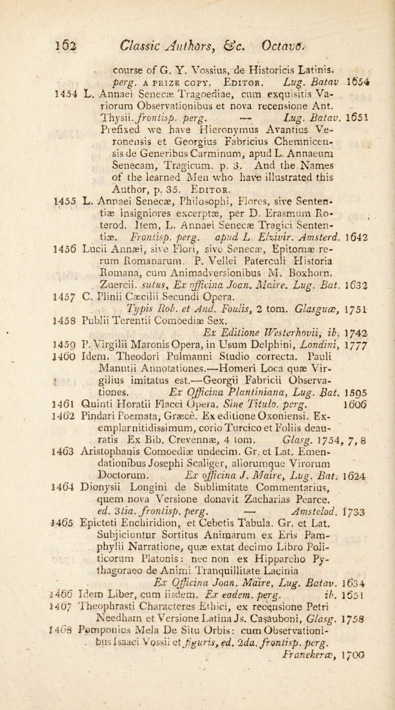 course of G. Y. Vossius, de Historicis Latinis. jberg, a prize copy. Editor. Lug. Batav 16*54 1454 L. Annaei Seneca Tragoediae, cum exquisitis Va¬ riorum Observalionibus et nova recensione Ant. Thysii.frontisp. perg. — Lug. Batav. 1651 Prefixed we have Hieronymus Avantius Ve- ronensis et Georgius Fabricius Chemnicen- sis de Generibus Carminum, apud L. Annaeum Senecam, Tragicum. p. 3. And the Names of the learned Men who have illustrated this Author, p. 35. Editor. 1455 L. Annaei Senecae, Philosophi, Flores, sive Senten- tiae insigniores excerptse, per D. Erasmum Ro- terod. Item, L. Annaei Senecae Tragic! Senten- tiae. Frontisp. perg. apud L Elzivir. Amsterd. 1642 1456 Lucii Annaei, sive Fiori, sive Senecae, Epitomae re¬ rum Romanarum. P. Vellei Paterculi Historia Romana, cum Animadversionibus M. Boxhorn. Zuercii. sutus, Ex njficina Joan. Maire. Lug. Bat. 1632 145/ C. Plinii Caecilii Secundi Opera. Typis Rob. et And. Foulis, 2 tom. Glasgues, \ J5l 1458 Publii Terentii Comoediae Sex. Ex Editione Westerhovii, ib. 1742 3459 P. Virgilii MaronisOpera, in Usum Delphini, Londini, 1777 1400 Idem. Theodori Pulmanni Studio coitecta. Pauli Manutii Annotationes.—Homeri Loca quae Vir- ( gilius imitatus est.—Georgii Fabricii Observa- tiones. Ex Ojjicina Plandniana, Lug. Bat. 1595 1461 Quinti Horatii Placet Opera. Sine Titulo. perg. 1606 1462 Pindari Poemata, Graece. Ex editione Oxoniensi. Ex- emplarnitidissimum, corioTurcico et P'oliis deau- ratis Ex Bib. Crevennae, 4 tom. Glasg. 1754, 7, 8 1463 Aristophanis Comoediae undecim. Gr. et Lat. Emen- dationibus Josephi Scaliger, aliorumque Virorum Doctorum. Ex ojjicina J. Maire, Lug. Bat. 1624 1464 Dionysii Longini de Sublimitate Commentarius, quern nova Versione donavit Zacharias Pearce. ed. 3lia. frontisp. perg. ■—• Amstelod. 1/33 1465 Epicteti Enchiridion, et Cebetis Tabula. Gr. et Lat. Subjiciuntur Sortitus Aniraarum ex Eris Pam- phylii Narratione, quae extat decimo Libro Poli- ticorum Platonis: nec non ex Hipparcho Py- thagoraeo de Animi Tranquillitate Laqinia Ex Ojjicina Joan. Maire, Lug. Batav. 1634 1466 Idem Liber, cum iisdem. Ex eadem. perg. ib. 165 t 246'7 Theophrasti Characteres Ethici, ex recqnsione Petri Needham et Versione Latina Js. Ca^auboni, Glasg. 1758 146.8 Ppmponius Mela De Situ Orbis: cum Observationi- bus Isaaci Vossii et jguris, ed. 2da. frontisp. perg. Franekerce> 1/00