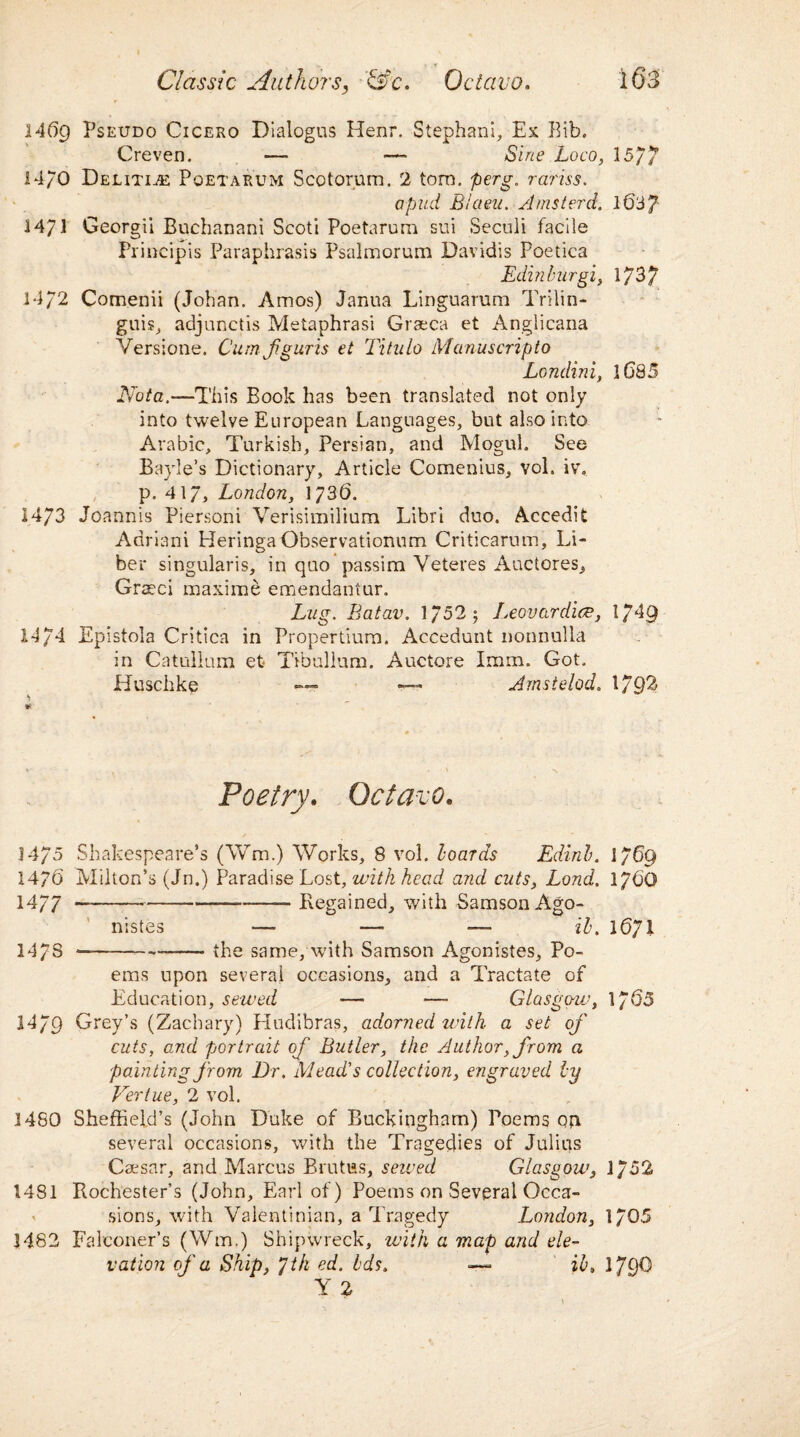 H69 Pseudo Cicero Dialogus Henr. Stephani, Ex Eib. Creven. —- ■—• Sine Loco, 1577 14/0 DELiTiiE Poetarum Scotorum. 2 tom. perg. rariss. a pud Blaeu. Amsterd. 1637 14/1 Georgii Buchanani Scoti Poetarum sui Seculi facile Principis Paraphrasis Psalmorum Davidis Poetica Edinburgi, 1737 14/2 Com.enii (Johan. Amos) Janua Linguarum Trilin- guis, adjunctis Metaphrasi Graeca et Anglicana Versione. Cum fguris et Titulo Manuscripto Londini, 1685 Nota.—This Book has been translated not only into twelve European Languages, but also into Arabic, Turkish, Persian, and Mogul. See Bayle’s Dictionary, Article Comenius, vol. iv, p. 417, London, 1736. 1473 Joannis Piersoni Verisimilium Libri duo. Accedit Adriani Heringa Observationum Critiearum, Li¬ ber singularis, in quo passim Veteres Auctores, Graeci noaxime emendantur. Lug. Batav. 1752 5 Leovardice, 1749 M/4 Epistola Critica in Propertium. Accedunt nonnulla in Catullum et Tibullum. Auctore 1mm. Got. Huschke — — Amstelod. 1/92 Poetry. Octavo. 14/5 Shakespeare’s (\Vm.) Works, 8 vol. boards Edinb. I/69 1470 Milton’s (Jn.) Paradise Lost, with head and cuts, Lond. 1760 1477 --- Regained, with Samson Ago- nistes 1671 147S *-the same, with Samson Agonistes, Po¬ ems upon several occasions, and a Tractate of Education, sewed ■■—■ •—■ Glasgow, 1765 1479 Grey’s (Zachary) Hudibras, adorned with a set of cuts, and portrait of Butler, the Author, from a painting from Dr. Mead's collection, engraved by Vertue, 2 vol. 1480 Sheffield’s (John Duke of Buckingham) Poems oti several occasions, with the Tragedies of Julius Caesar, and Marcus Brutus, served Glasgow, 1/52 1481 Rochester’s (John, Earl of) Poems on Several Occa¬ sions, with Valentinian, a Tragedy London, 1705 1482 Falconer’s (Wm.) Shipwreck, with a map and ele¬ vation of a Ship, /th ed. Ids. — ib, 1790 Y 2