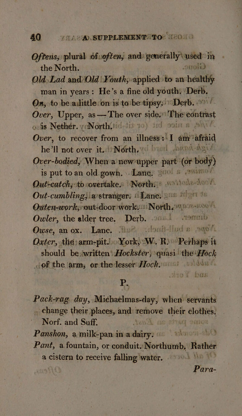 Oftens;) plural of often, and: — site in > the North. FOr Old) Lad and: Old | Fouth,-applied to an healt man in years: He’s a fine dld youth. isaghe On, to be ailittleon is to'betipsy:' “Derb. « Over, Upper, 8 Arne e over r 5idon sitha anes ovis Nethér. y iNorth.!: 10) did oouft BSN Over, to recover from an illness t am’ aft he’ll not over it.) Neérth.” orl hecpst-te Over-badied, When a new upper part’ (68 boi) is put to an old. gown. \ Lane: 900. 8 sor Out-catchy to overtake. North: 2 age nie : Out-cumbling;.a° stranger; (Lane) 2° teort t6 Outen-work; rout-door work. North, aq nsersooh Owler, the alder tree. Derb. race Owse, an ox. Lance .iu louk thud B: .9qo? Oxter, thé} arm-pit.0 York, “W. BR “Peihaps i it should be: ‘written * Hockster) spite the Feech (of the ‘arms or the lesser Hock. 2 NGG P. Pack-rag, day, Michaelmas-day, when servants . change their places, and: remove bis wi isis Norf. and Soff. ten aa [3 Panshon, a milk-pan inadairy; © Pant, a. fountain, or conduit. Northumb, Rather a cistern to receive falling water, 990) 9) Para-