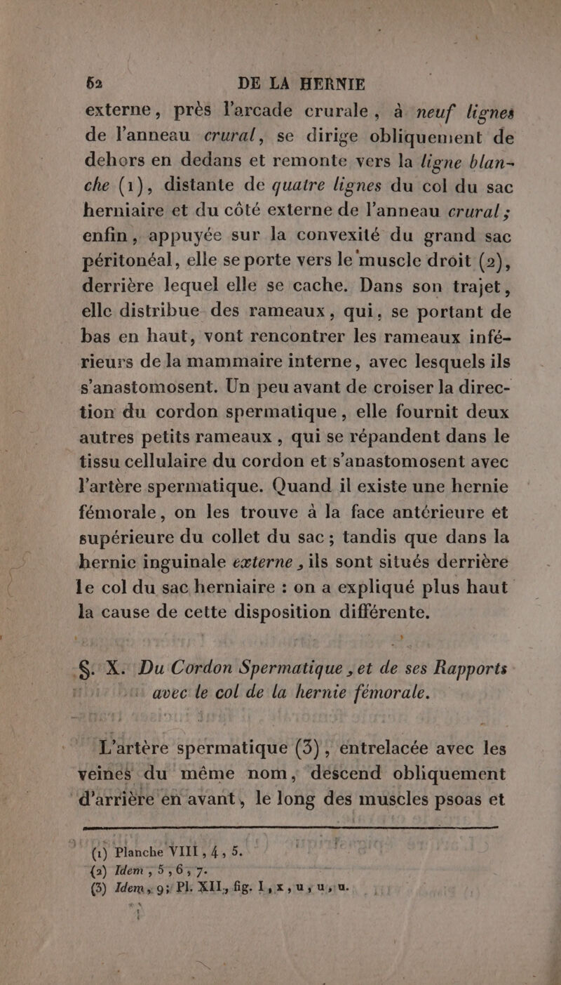 externe, près l’arcade crurale, à neuf lignes de l’anneau crural, se dirige obliquement de dehors en dedans et remonte vers la ligne blan- che (1), distante de quatre lignes du col du sac herniaire et du côté externe de l’anneau crural ; enfin , appuyée sur la convexité du grand sac péritonéal, elle se porte vers le muscle droit (2), derrière lequel elle se cache. Dans son trajet, elle distribue des rameaux, qui, se portant de bas en haut, vont rencontrer les rameaux infé- rieurs de la mammaire interne, avec lesquels ils s'anastomosent. Un peu avant de croiser la direc- tion du cordon spermatique, elle fournit deux autres petits rameaux, qui se répandent dans le tissu cellulaire du cordon et s’anastomosent avec l'artère spermatique. Quand il existe une hernie fémorale, on les trouve à la face antérieure et supérieure du collet du sac; tandis que dans la hernic inguinale externe , ils sont situés derrière la cause de cette disposition différente. s X. Du Cordon Spermatique , et ia ses Rapports avec le col de la hernie femorale. L’artère spermatique (3), entrelacée avec les veines du méme nom, descend obliquement ‘d’arrière en avant, le long des muscles psoas et (1) Planche VIII, 4, 5. {2) Idem, 5,6, 7. (3) Hero PI XEL.,.fig, Lx us usiu. à