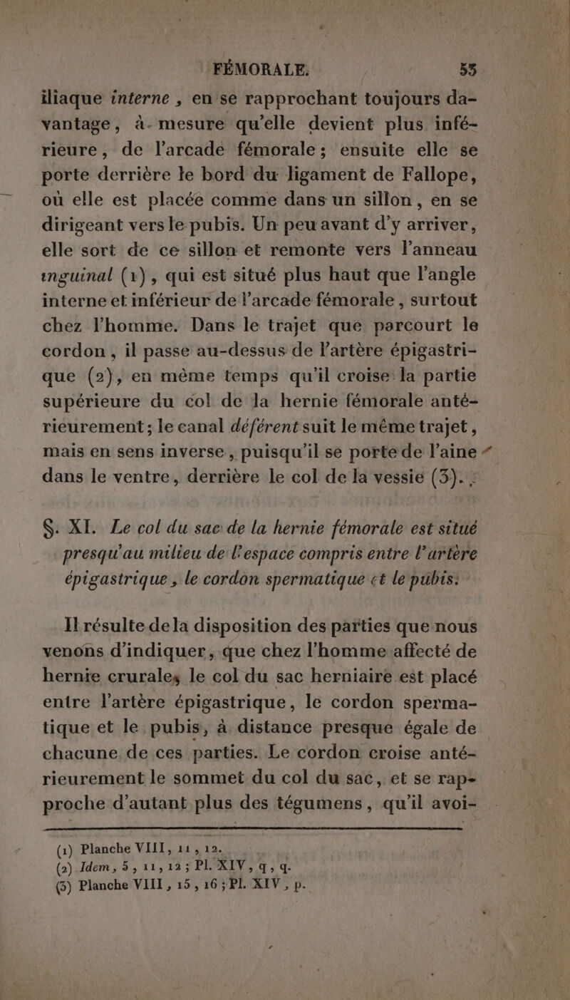 iliaque interne , en se rapprochant toujours da- vantage, à. mesure qu'elle devient plus infé- rieure, de l’arcade fémorale ; ensuite elle se porte derrière le bord du ligament de Fallope, où elle est placée comme dans un sillon, en se dirigeant vers le pubis. Un peu avant d’y arriver, elle sort de ce sillon et remonte vers l’anneau inguinal (1), qui est situé plus haut que l’angle interne et mférieur de l’arcade fémorale , surtout chez l’homme. Dans le trajet que parcourt le cordon , il passe au-dessus de l'artère épigastri- que (2), en même temps qu'il croise la partie supérieure du col de la hernie fémorale anté- rieurement; le canal déférent suit le méme trajet, mais en sens inverse , puisqu'il se porte de l’aine dans le ventre, derrière le col de la vessie (3). . $. XI. Le col du sac: de la hernie femorale est situé presqu'au milieu de l'espace compris entre l'artère épigastrique , le cordon spermatique ct le pubis: Il résulte dela disposition des parties que nous venons d'indiquer, que chez l’homme affecté de hernie crurales le col du sac herniaire est placé entre l'artère épigastrique, le cordon sperma- tique et le pubis, à distance presque égale de chacune de ces parties. Le cordon croise anté- rieurement le sommet du col du sac, et se rap- proche d'autant plus des tégumens, qu'il avoi- (1) Planche LASTRE 12. | (2) Idem, 5, 11,12; PL XIV, q, q. è