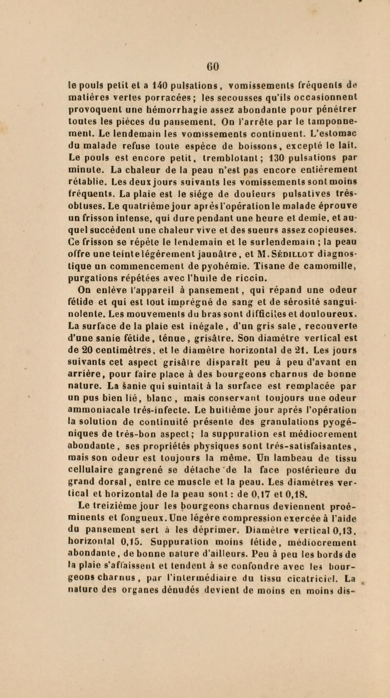 ÜO le pouls petit et a 140 pulsations , vomissements fréquents de matières vertes porracées; les secousses qu’ils occasionnent provoquent une hémorrhagie assez abondante pour pénétrer toutes les pièces du pansement. On l’arrête par le tamponne¬ ment. Le lendemain les vomissements continuent. L’estomac du malade refuse toute espèce de boissons, excepté le lait. Le pouls est encore petit, tremblotant; 130 pulsations par minute. La chaleur de la peau n’est pas encore entièrement rétablie. Les deux jours suivants les vomissements sont moins fréquents. La plaie est le siège de douleurs pulsatives très- obtuses. Le quatrième jour après l'opération le malade éprouve un frisson intense, qui dure pendant une heure et demie, et au¬ quel succèdent une chaleur vive et des sueurs assez copieuses. Ce frisson se répète le lendemain et le surlendemain ; la peau offre une teinte légèrement jaunâtre, et M.Sédillot diagnos¬ tique un commencement de pyohémie. Tisane de camomille, purgations répétées avec l’huile de riccin. On enlève l'appareil à pansement, qui répand une odeur fétide et qui est tout imprégné de sang et de sérosité sangui¬ nolente. Les mouvements du bras sont difficiles et douloureux. La surface de la plaie est inégale , d’un gris sale , recouverte d’une sanie fétide, ténue, grisâtre. Son diamètre vertical est de 20 centimètres, et le diamètre horizontal de 21. Les jours suivants cet aspect grisâtre disparait peu à peu d’avant en arrière, pour faire place à des bourgeons charnus de bonne nature. La Sanie qui suintait à la surface est remplacée par un pus bien lié, blanc , mais conservant toujours une odeur ammoniacale très-infecte. Le huitième jour après l’opération la solution de continuité présente des granulations pyogé- niques de très-bon aspect; la suppuration est médiocrement abondante, ses propriétés physiques sont très-satisfaisantes, mais son odeur est toujours la même. Un lambeau de tissu cellulaire gangrené se détache de la face postérieure du grand dorsal, entre ce muscle et la peau. Les diamètres ver¬ tical et horizontal de la peau sont : de 0,17 et 0,18. Le treizième jour les bourgeons charnus deviennent proé¬ minents et fongueux. Une légère compression exercée à l’aide du pansement sert à les déprimer. Diamètre vertical 0,13. horizontal 0,15. Suppuration moins lélide, médiocrement abondante, de bonne nature d’ailleurs. Peu à peu les bords de la plaie s’affaissent et tendent à se confondre avec les bour¬ geons charnus , par l’intermédiaire du tissu cicatriciel. La naluro des organes dénudés devient de moins en moins dis-