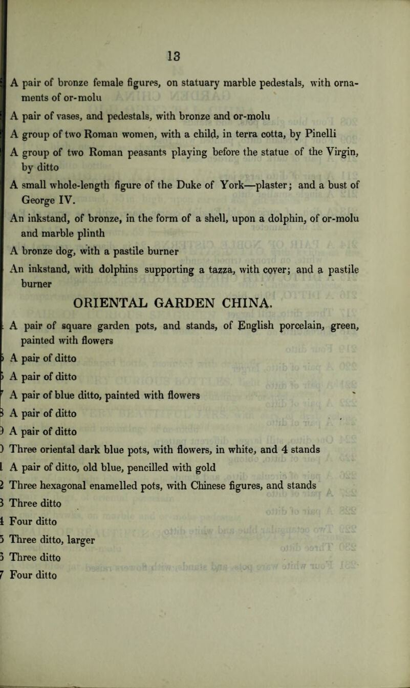 I A pair of bronze female figures, on statuary marble pedestals, with orna¬ ments of or-molu I A pair of vases, and pedestals, with bronze and or-molu I A group of two Roman women, with a child, in terra cotta, by Pinelli A group of two Roman peasants playing before the statue of the Virgin, by ditto A small whole-length figure of the Duke of York—plaster; and a bust of George IV. An inkstand, of bronze, in the form of a shell, upon a dolphin, of or-molu and marble plinth A bronze dog, with a pastile burner An inkstand, with dolphins supporting a tazza, with cover; and a pastile burner ORIENTAL GARDEN CHINA. : A pair of square garden pots, and stands, of English porcelain, green, painted with flowers ) A pair of ditto ) A pair of ditto ' A pair of blue ditto, painted with flowers } A pair of ditto 3 A pair of ditto 3 Three oriental dark blue pots, with flowers, in white, and 4 stands L A pair of ditto, old blue, pencilled with gold l Three hexagonal enamelled pots, with Chinese figures, and stands 1 Three ditto 1 Four ditto 5 Three ditto, larger 3 Three ditto