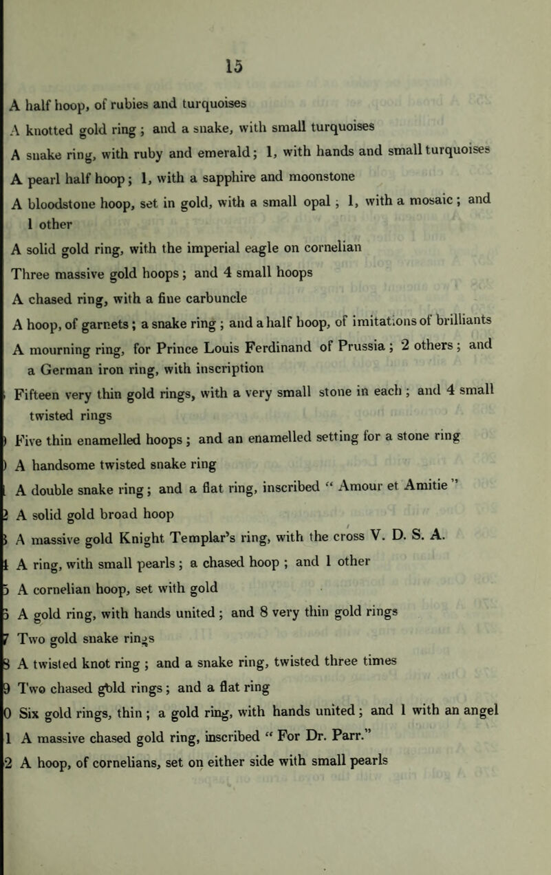 / On SATURDAY, JULY the 1st, 1843, AT ONE O’CLOCK PRECISELY. SWORDS. 16 A German infantry sword >7 A ditto )8 A ditto )9 A German sabre, with steel hilt )0 A ditto, in black and steel hilt )1 Two sabres, with brass hilt )2 A sabre, with black and steel hilt )3 A straight German sword, with steel hilt 34 A ditto )5 A straight chasseur sword, with brass blade and eagle handle 36 A dress thrust sword 37 A dress sword, with chased silver handle and white sheath 08 A sabre, with black and steel blade 09 A ditto, with brass and black hilt 10 A VERY HANDSOME PERSIAN SWORD, with texts from the Koran on the blade, with ivory handle, studded with silver, and silver mountings on the sheath F