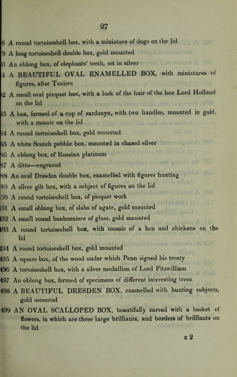 ) A set of twelve black enamelled studs; and twelve round ditto ) A set of twelve blue ditto; and 2 buttons 1 Twelve onyx studs, gold mounted; 8 studs, of blue enamel; and 9 ditto, with small turquoise 2 A set of twelve enamelled buttons, light blue; and a set of twelve red ditto 3 A set of green ditto; and a set of dark blue ditto GOLD CHAINS. 1 An enamelled shirt chain ; a large enamelled key; and a gold shirt chain, of long links 5 A flat black and white enamelled chain 3 A square fluted-link neck chain 7 A shell-formed neck chain 3 A light open-work gold chain d A VERY HANDSOME MASSIVE KNOTTED GOLD CHAIN, with amethyst in the snap, formerly belonging to the King of Candy 0 A very handsome and massive link chain, of gold and platinum 1 THE CHAIN OF THE GRANDMASTER OF THE TEMPLARS; of very handsome link chain, with ring, and two gold Knight Templar crosses 2 A round curb gold chain, with gold seal, with the royal arms exquisitely cut on red cornelian 3 A SUPERB MULL, surmounted by a syren of silver gilt, beautifully . modelled, and supported by a dolphin, on stand, the whole designed in fine taste 4 A VERY BEAUTIFUL CIRCULAR JEWELLED HIGHLAND SHOULDER ORNAMENT, in the centre, on a rock of silver, is a gold eagle and enamelled snake, on a very fine cairngorum, surrounded by eight posts of silver and enamel, surmounted by a cairngorum each, with a Gaelic inscription in enamel round the base, in a case c