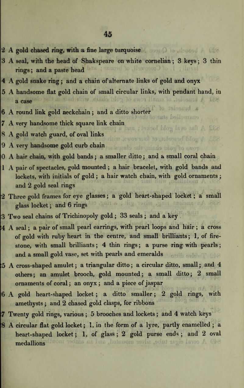 47 A case of four razors, mother-o’-pearl handles, gold mounted An embroidered tobacco pouch ; a silk ditto; and 2 Turkish embroidered purses An album, bound in morocco, with lock and key ; a writing case, and lock and key; and a blue morocco pocket book, gold mounted An almanac, with a gold pencil case ; and a silver mounted pocket book, with an enamel snap A very massive gold watch chain, with a snap and snake A Trichinopoly gold chain, and tassels Three gold pencil cases; a tooth pick; 3 pairs of tweezers; 3 knives; 3 pairs of scissors, gold mounted; 4 gold snaps; a knife; a pair of scissors; a button hook; and bodkin steel A cup, of Derbyshire marble ; and a small salva, inlaid with coloured specimens of marble A small cofFer, of tortoiseshell; a box for gloves ; 1 for letters; and a box, with two toilet bottles , / i A figure for lighting matches; a cigar box, with a huntsman in ivory; 4 other cigar boxes; a large black snuff box; and 11 papers of pastiles • 1 * * f - 1 * * * 11VJ 1 Ml i ' Hi'* J !' i . .‘j •, J | j l' f f / , A group of Icelanders, with reindeer and sledge, carved in ivory, in a glass case A lady’s work box, with instruments, with a gold thimble, in mahogany case A japanned card box, with pearl counters; a Chinese compass; and a japanned canoe A medicine chest, with silver tops to the bottles, silver scales and cups, and other silver mountings A pair of snow shoes ; and 2 specimens of coral Six large gold split rings ; and a pair of silver spurs Eight garters, some with gold buckles
