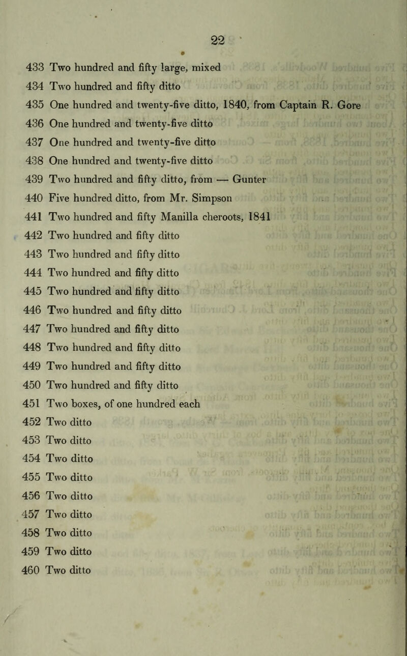 433 Two hundred and fifty large, mixed 434 Two hundred and fifty ditto 435 One hundred and twenty-five ditto, 1840, from Captain R. Gore 436 One hundred and twenty-five ditto 437 One hundred and twenty-five ditto 438 One hundred and twenty-five ditto 439 Two hundred and fifty ditto, from — Gunter 440 Five hundred ditto, from Mr. Simpson 441 Two hundred and fifty Manilla cheroots, 1841 442 Two hundred and fifty ditto 443 Two hundred and fifty ditto 444 Two hundred and fifty ditto 445 Two hundred and fifty ditto 446 Two hundred and fifty ditto 447 Two hundred and fifty ditto 448 Two hundred and fifty ditto 449 Two hundred and fifty ditto 450 Two hundred and fifty ditto 451 Two boxes, of one hundred each 452 Two ditto 453 Two ditto 454 Two ditto 455 Two ditto 456 Two ditto 457 Two ditto 458 Two ditto 459 Two ditto 460 Two ditto /