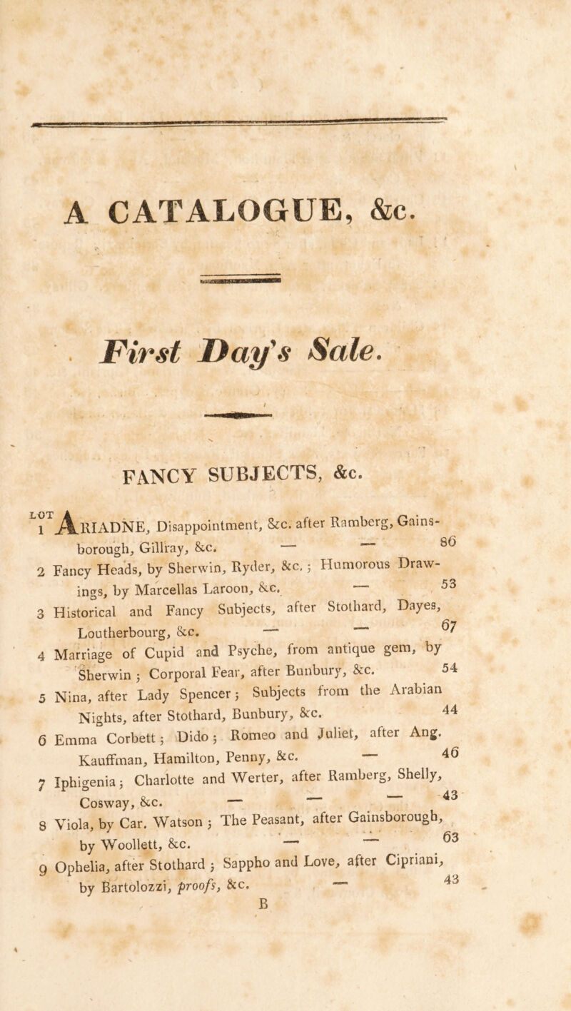 A CATALOGUE, &c. First Day's Sale. / FANCY SUBJECTS, &c. L1X Ariadne, Disappointment, &c. after Ramberg, Gains- borough, Gillray, &c. ^ 2 Fancy Heads, by Sherwin, Ryder, &c.; Humorous Draw- ings, by Marcellas Laroon, &e. — 53 3 Historical and Fancy Subjects, after Stothard, Dayes, Loutherbourg, &c. — —, 4 Marriage of Cupid and Psyche, from antique gem, by Sherwin j Corporal Fear, after Bunbury, &c. 54 5 Nina, after Lady Spencer j Subjects from the Arabian Nights, after Stothard, Bunbury, &c. 44 S Emma Corbett; Dido; Romeo and Juliet, after Ang. Kauffman, Hamilton, Penny, &c. j Iphigenia; Charlotte and Werter, after Ramberg, Shelly, Cosway, &c. ^ a Viola by Car. Watson j The Peasant, after Gainsborough, 7 • * by Woollett, &c. —' g Ophelia, after Stothard j Sappho and Love, after Cipriani, by Bartolozzi, proofs, &c, * 43 B