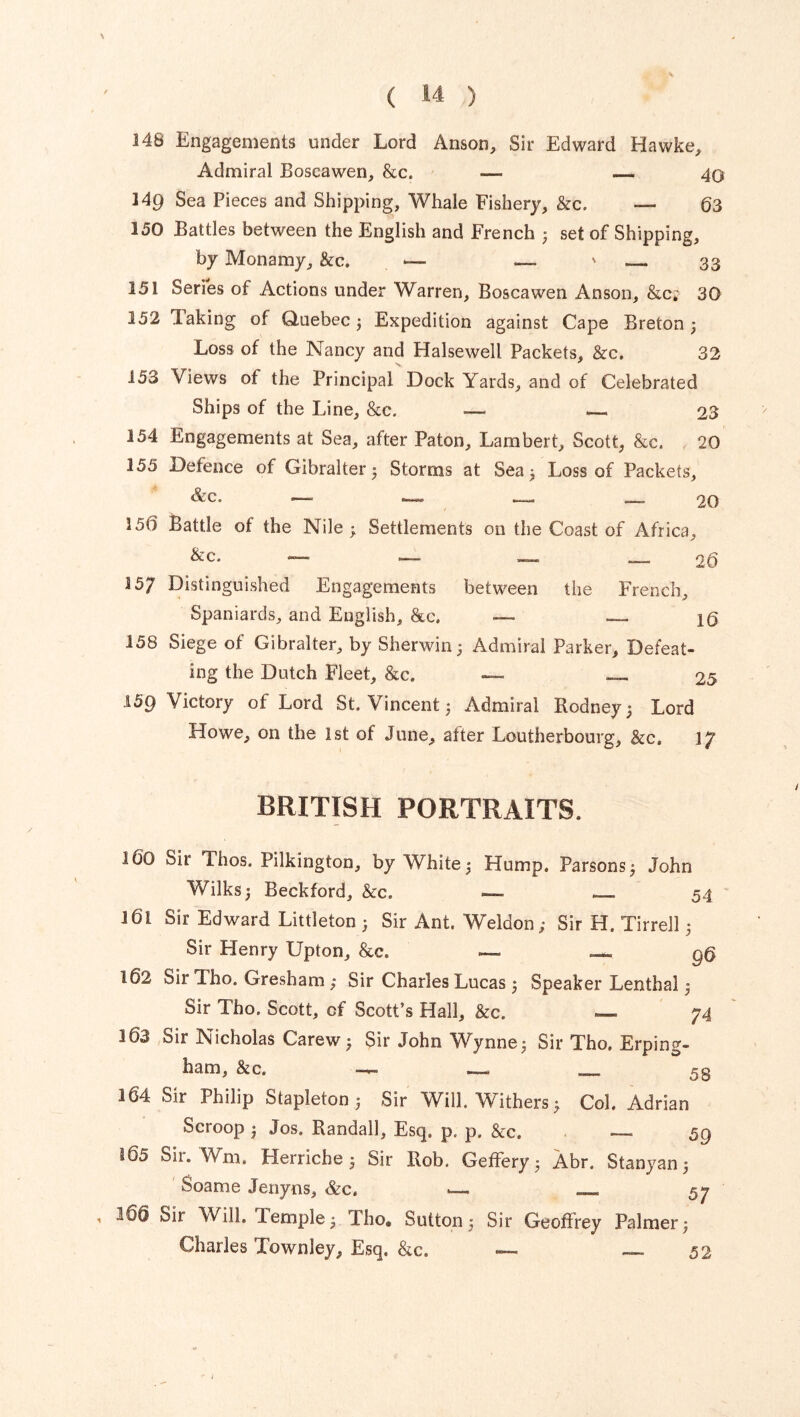 148 Engagements under Lord Anson, Sir Edward Hawke, Admiral Boscawen, &c. — — 40 349 Sea Pieces and Shipping, Whale Fishery, &c. — 63 150 Battles between the English and French ; set of Shipping, by Mon a my, &c. _ ' 33 15 i Series of Actions under Warren, Boscawen Anson, &c; 30 152 laking of Quebec ; Expedition against Cape Breton ; Loss of the Nancy and Halsewell Packets, &c. 32 153 Views of the Principal Dock Yards, and of Celebrated Ships of the Line, &c. — — 23 154 Engagements at Sea, after Paton, Lambert, Scott, &c. 20 355 Defence of Gibralter; Storms at Sea ; Loss of Packets, &c. ——■ — —- 20 15(1 Battle of the Nile; Settlements on the Coast of Africa, &c. - —- —— --— 26 157 Distinguished Engagements between the French, Spaniards, and English, &c. — —_ \Q 158 Siege of Gibralter, by Sherwin; Admiral Parker, Defeat- ing the Dutch Fleet, &e. — — 25 159 Victory of Lord St. Vincent; Admiral Rodney; Lord Howe, on the 1st of June, alter Loutherbourg, &c. iy BRITISH PORTRAITS. 160 Sir Thos. Pilkington, by White; Hump. Parsons; John Wilks; Beck ford, &c. — __ 54 161 Sir Edward Littleton ; Sir Ant. Weldon; Sir H. Tirrell ; Sir Henry Upton, &c. — — qQ 162 Sir Tho. Gresham ; Sir Charles Lucas; Speaker Lenthal; Sir Tho. Scott, of Scott’s Hall, &c. —. 74 163 Sir Nicholas Carew; Sir John Wynne; Sir Tho. Erping- ham, &c. ^ - - 50 164 Sir Philip Stapleton; Sir Will. Withers; Col. Adrian Scroop ; Jos. Randall, Esq. p. p. &c. — 59 165 Sir. Wm. Herriche; Sir Rob, GefFery; Abr. Stanyan; Soame Jenyns, &c. —. _ 57 166 Sir Will. 1 emple; Tho# Sutton; Sir Geoffrey Palmer; Charles Townley, Esq. &c. »— __ 52
