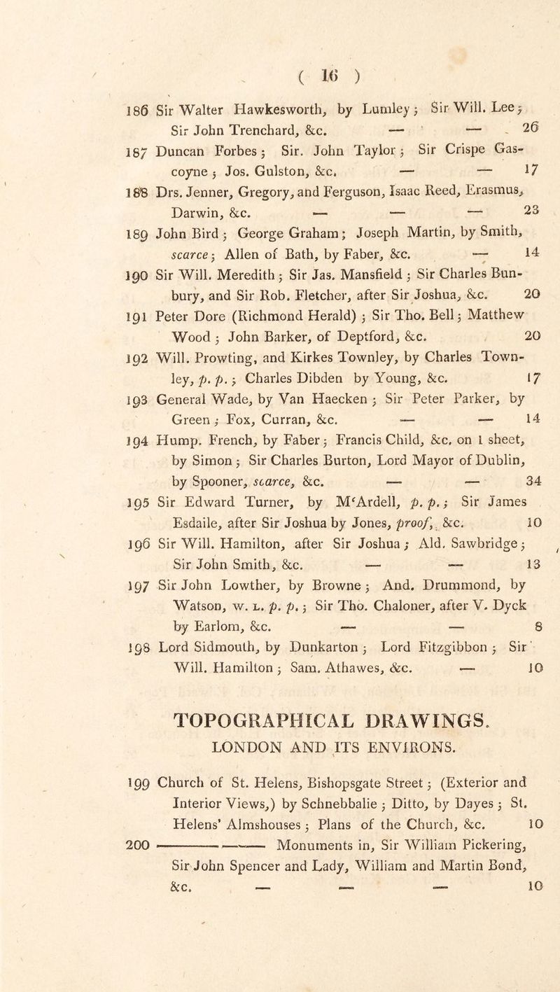 180 Sir Walter Hawkesworth, by Lumley ; Sir Will. Lee, Sb- John Trenchard, &c. — — ,26 18/ Duncan Forbes; Sir. John Taylor; Sir Crispe Gas- coyne 5 Jos. Gulston, &c. — — 17 18B Drs. Jenner, Gregory, and Ferguson, Isaac Reed, Erasmus, Darwin, &c. — — — 23 189 John Bird ; George Graham; Joseph Martin, by Smith, scarce 3 Allen of Bath, by Faber, &c. — 14 190 Sir Will. Meredith; Sir Jas. Mansfield ; Sir Charles Bun- bury, and Sir Rob. Fletcher, after Sir Joshua, &c. 20 191 Peter Dore (Richmond Herald) ; Sir Tho. Bell 5 Matthew Wood ; John Barker, of Deptford, &c. 20 192 Will. Prowting, and Kirkes Townley, by Charles Town- ley, p. p.; Charles Dibden by Young, &c. 17 193 General Wade, by Van Haecken ; Sir Peter Parker, by Green,- Fox, Curran, &c. — -—14 394 Plump. French, by Faber; Francis Child, &c, on 1 sheet, by Simon ; Sir Charles Burton, Lord Mayor of Dublin, by Spooner, scarce, &c. — — 34 195 Sir Edward Turner, by MfArdell, p. p.; Sir James Esdaile, after Sir Joshua by Jones, proof \ &c. 10 196 Sir Will. Hamilton, after Sir Joshua; Aid. Sawbridge; Sir John Smith, &c. — — 13 ]Q7 Sir John Lowther, by Browne; And. Drummond, by Watson, w. l. p. p,; Sir Tho. Chaloner, after V. Dyck by Earlorn, &c. — —8 198 Lord Sidmouth, by Dunkarton ; Lord Fitzgibbon ; Sir Will. Hamilton ; Sam. Athawes, &c. — JO TOPOGRAPHICAL DRAWINGS. LONDON AND ITS ENVIRONS. I 199 Churcli of St. Helens, Bishopsgate Street; (Exterior and Interior Views,) by Schnebbalie ; Ditto, by Dayes ; St. Helens’ Almshouses; Plans of the Church, &c. 10 200 Monuments in, Sir William Pickering, Sir John Spencer and Lady, William and Martin Bond, &c. — *— — 10