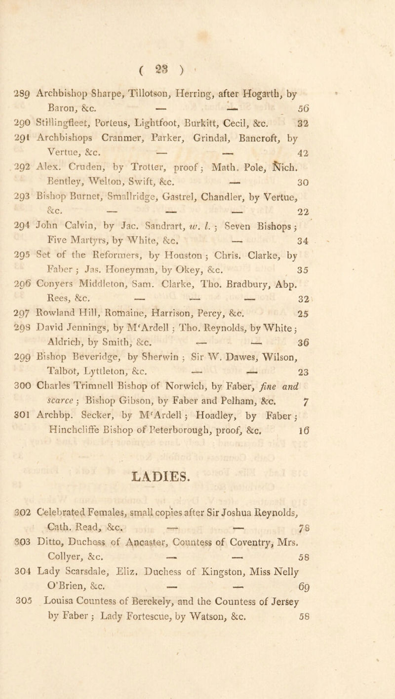 2go 291 292 293 294 295 206 2 97 29s 299 300 301 302 303 304 305 ( 28 ) ■ * Baron, &c. — — 56 Stillingfleet, Porteus, Lightfoot, Burkitt, Cecil, &c. 32 Archbishops Cranmer, Parker, Grindal, Bancroft, by Vertue, &c. — —- 42 Alex. Cruden, by Trotter, proof 5 Math. Pole, &ich. Bentley, Welton, Swift, kc. — 30 Bishop Burnet, Smallridge, Gastrel, Chandler, by Vertue, &c. — — — 22 John Calvin, by Jac. Sandrart, w. 1. 3 Seven Bishops; Five Martyrs, by White, kc. — 34 Set of the Reformers, by Houston ; Chris. Clarke, by Faber ; Jas. Honeyman, by Okey, &c. 35 Conyers Middleton, Sam. Clarke, Tho. Bradbury, Abp. Rees, kc. — <— — 32 Rowland Hill, Romaine, Harrison, Percy, kc. 25 David Jennings, by McArdell 5 Tho. Reynolds, by White; Aldrich, by Smith, kc. — — 36 Bishop Beveridge, by Sherwin ; Sir W. Dawes, Wilson, Talbot, Lyttleton, kc. — — 23 Charles Trimnell Bishop of Norwich, by Faber, fine and scarce ; Bishop Gibson, by Faber and Pelham, kc. 7 Archbp. Seeker, by M'Ardell; Hoadley, by Faber; Hinchcliffe Bishop of Peterborough, proof, &c. 16 LADIES. Celebrated Females, small copies after Sir Joshua Reynolds, Cath. Read, &c. — — 78 Ditto, Duchess of Ancaster, Countess of Coventry, Mrs. Collyer, &c. — — 58 Lady Scarsdale, Eliz, Duchess of Kingston, Miss Nelly O’Brien, &c. — — 69 Louisa Countess of Berckely, and the Countess of Jersey by Faber ; Lady Fortescue, by Watson, &c. 58 /