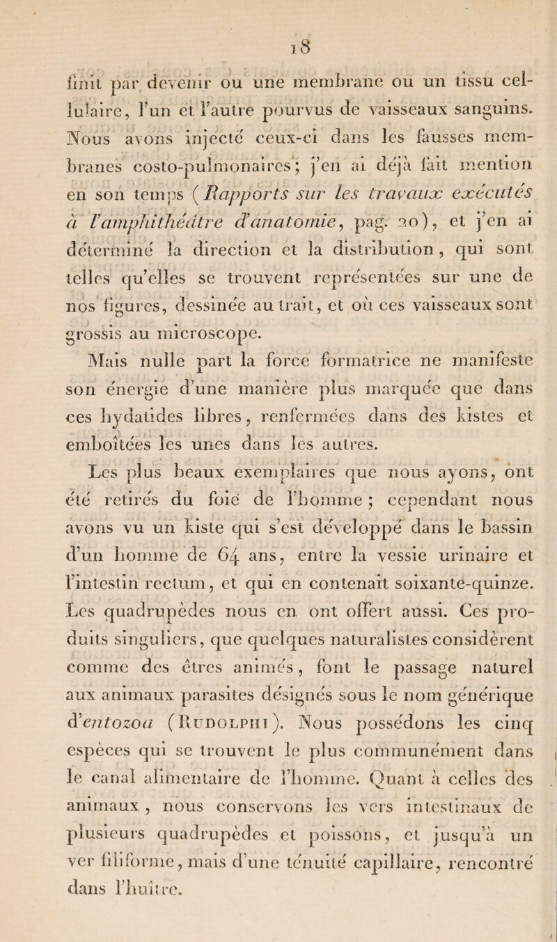 finit par devenir ou une membrane ou un tissu cel¬ lulaire, l'un et l’autre pourvus de vaisseaux sanguins. Nous avons injecté ceux-ci dans les fausses mem¬ branes costo-pulmonaires ; j’en ai déjà lait mention en son temps ( Rapports sur les travaux exécutés à r amphithéâtre et anatomie, pag. 20), et j’en ai déterminé la direction et la distribution , qui sont telles qu’elles se trouvent représentées sur une de nos figures, dessinée au trait, et où ces vaisseaux sont grossis au microscope. Mais nulle part la force formatrice ne manifeste son énergie d’une manière plus marquée que dans ces hydatides libres, renfermées dans des kistes et emboîtées les unes dans les autres. Les plus beaux exemplaires que nous ayons, ont été retirés du foie de l’homme ; cependant nous avons vu un kiste qui s’est développé dans le bassin d’un homme de 64 ans, entre la vessie urinaire et 1 intestin rectum, et qui en contenait soixante-quinze. Les quadrupèdes nous en ont offert aussi. Ces pro¬ duits singuliers, que quelques naturalistes considèrent comme des êtres animés, font le passage naturel aux animaux parasites désignés sous le nom générique d'entozoa (RüDolphi ). Nous possédons les cinq espèces qui se trouvent le plus communément dans le canal alimentaire de l’homme. Quant à celles des animaux, nous conservons les vers intestinaux de plusieurs quadrupèdes et poissons, et jusqu’à un ver filiforme, mais d’une ténuùé capillaire, rencontré dans l’huître.
