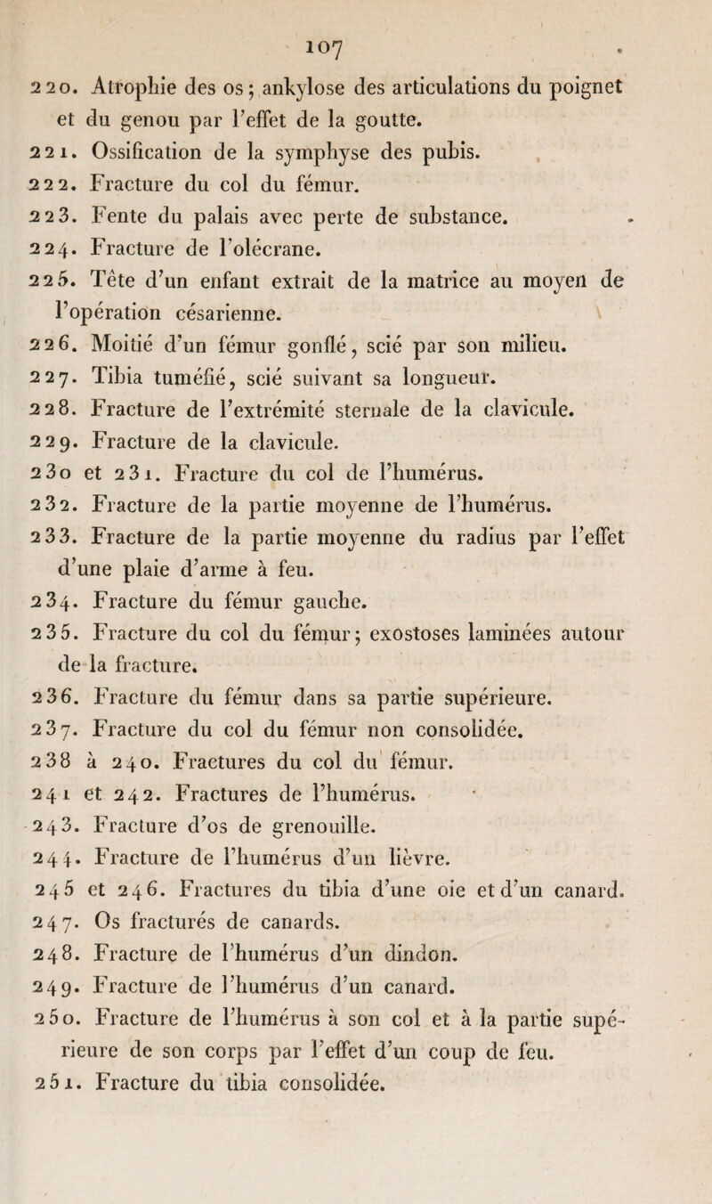 220. Atrophie des os; ankylosé des articulations du poignet et du genou par Feffet de la goutte. 221. Ossification de la symphyse des pubis. 222. Fracture du col du fémur. 2 2 3. Fente du palais avec perte de substance. 224. Fracture de l’olécrane. 2 2 5. Tête d’un enfant extrait de la matrice au moyen de l’opération césarienne. 226. Moitié d’un fémur gonflé, scié par son milieu. 227. Tibia tuméfié, scié suivant sa longueur. 228. Fracture de l’extrémité sternale de la clavicule. 229. Fracture de la clavicule. 2 3o et 23i. Fracture du col de l’humérus. 2 3 2. Fracture de la partie moyenne de l’humérus. 2 33. Fracture de la partie moyenne du radius par l’effet d’une plaie d’arme à feu. 234. Fracture du fémur gauche. 2 3 5. Fracture du col du fémur; exostoses laminées autour de la fracture. 2 36. Fracture du fémur dans sa partie supérieure. 237. Fracture du col du fémur non consolidée. 2 38 à 240. Fractures du col du fémur. 241 et 242. Fractures de l’humérus. 243. Fracture d’os de grenouille. 244. Fracture de l’humérus d’un lièvre. 245 et 246. Fractures du tibia d’une oie et d’un canard» 247. Os fracturés de canards. 248. Fracture de l’humérus d’un dindon. 249. Fracture de l’humérus d’un canard. 2 5 o. Fracture de l’humérus à son coi et à la partie supé¬ rieure de son corps par Feffet d’un coup de feu. 2 5i. Fracture du tibia consolidée.