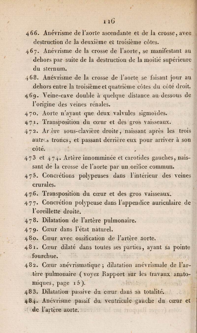 i 466. Anévrisme de l’aorte ascendante et de ia crosse, avec destruction de la deuxième et troisième côtes. 467. Anévrisme de la crosse de l’aorte, se manifestant au dehors par suite de la destruction de la moitié supérieure du sternum. 468. Anévrisme de la crosse de l’aorte se faisant jour au dehors entre la troisième et quatrième côtes du côté droit. 469. Yeine-cave double à quelque distance au dessous de l’origine des veines rénales. 470. Aorte n’ayant que deux valvules sigmoïdes. 471. Transposition du cœur et des gros vaisseaux. 472. Ar.ère sous-clavière droite, naissant après les trois autres troncs, et passant derrière eux pour arriver à son côté. 473 et 474. Artère innomminée et carotides gauches, nais¬ sant de la crosse de l’aorte par un orifice commun. 475. Concrétions polypeuses dans 1 intérieur des veines crurales. 476. Transposition du cœur et des gros vaisseaux. 477. Concrétion polypeuse dans l’appendice auriculaire de l’oreillette droite. 478. Dilatation de l’artère pulmonaire. 479. Cœur dans l’état naturel. 480. Cœur avec ossification de l’artère aorte. 481. Cœur dilaté dans toutes ses parties, ayant sa pointe fourchue. 482. Cœur anévrismatique ; dilatation anévrismale de l’ar¬ tère pulmonaire ( voyez Rapport sur les travaux anato¬ miques, page 1 5 ). 483. Dilatation passive du cœur dans sa totalité. 484. Anévrisme passif du ventricule gauche du cœur et de l’artère aorte.