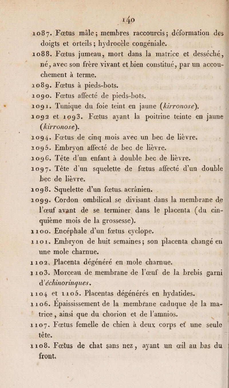 ïoBy* Fœtus mâle; membres raccourcis; déformation des doigts et orteils ; hydrocèle coogéniale. 1088. Fœtus jumeau? mort dans la matrice et desséché, né, avec son frère vivant et bien constitué, par un accou¬ chement à terme. 1089. Fœtus à pieds-bots. 1090. Fœtus affecté de pieds-bots. 1091. Tunique du foie teint en jaune (kirronose). 1092 et iç>93. Fœtus ayant la poitrine teinte en jaune (kirronose). 1094. Fœtus de cinq mois avec un bec de lièvre. 1095. Embryon affecté de bec de lièvre. 1096. Tête d’un enfant à double bec de lièvre. 1097. Tête d’un squelette de fœtus affecté d’un double bec de lièvre. 1098. Squelette d’un fœtus, acrânien. 1099. Cordon ombilical se divisant dans la membrane de l’œuf avant de se terminer dans le placenta (du cin¬ quième mois de la grossesse). 1100. Encéphale d’un fœtus cyclope. 1101. Embryon de huit semaines ; son placenta changé en une mole charnue. 1102. Placenta dégénéré en mole charnue. 1103. Morceau de membrane de l’œuf de la brebis garni d ’ échino rincju es, 4.104 et no5. Placentas dégénérés en hydatides. F 1106. Epaississement de la membrane caduque de la ma¬ trice , ainsi que du chorion et de l’amnios. 1107. Fœtus femelle de chien à deux corps et une seule tête. 1108. Fœtus de chat sans nez, ayant un œil au bas du 1 front.