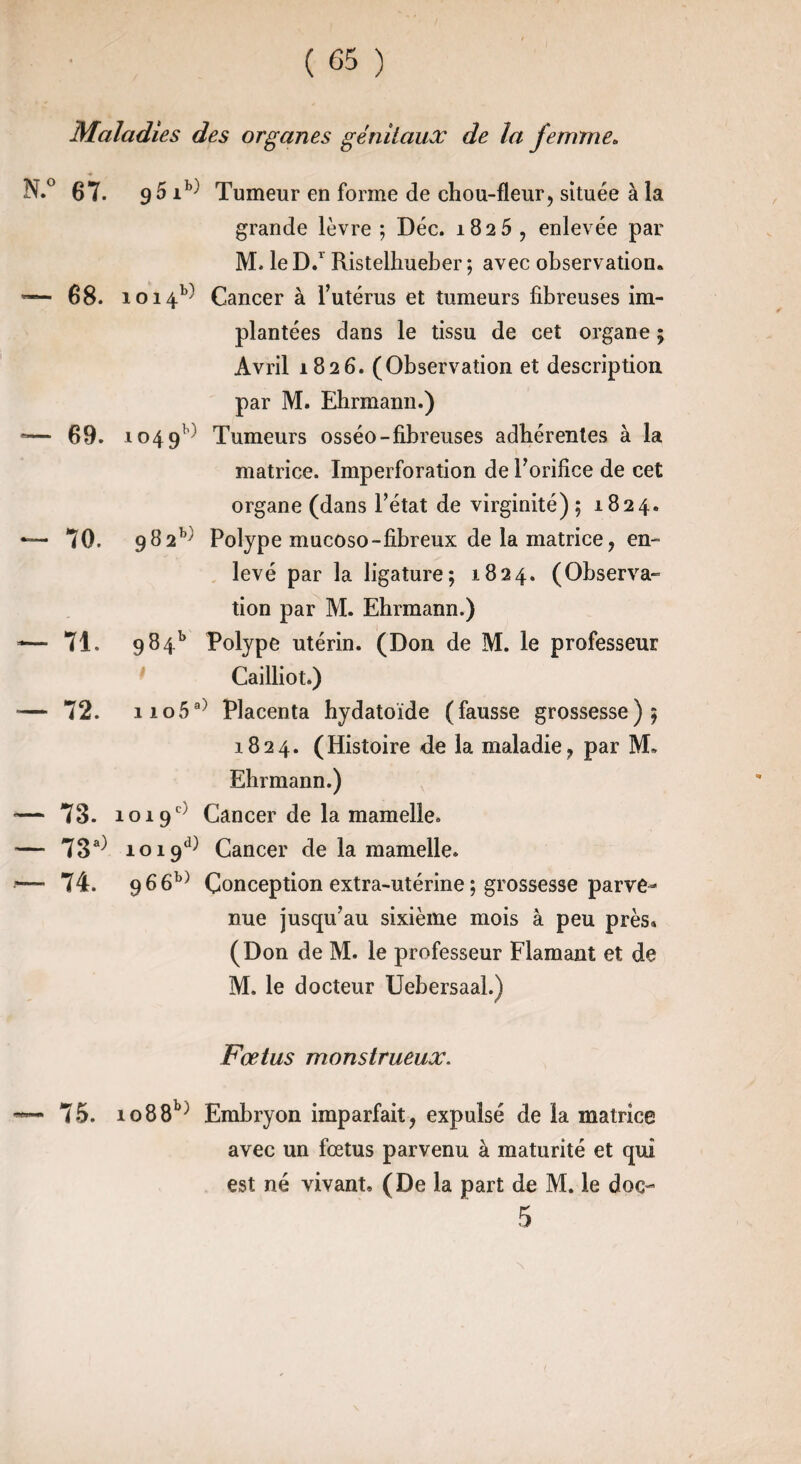 Maladies des organes génitaux de la femme» N.° 67. 9 5 ib) Tumeur en forme de chou-fleur, située à la grande lèvre ; Déc. 1825 , enlevée par M. le D.1 Ristelhueber ; avec observation* *— 68. 1014^ Cancer à l’utérus et tumeurs fibreuses im¬ plantées dans le tissu de cet organe ; Avril 1826. (Observation et description par M. Ehrmann.) -— 69. 1049^ Tumeurs osséo-fibreuses adhérentes à la matrice. Imperforation de l’orifice de cet organe (dans l’état de virginité) ; 1824. 70. 982^ Polype mucoso-fibreux de la matrice, en¬ levé par la ligature; 1824. (Observa¬ tion par M. Ehrmann.) — 71. 9d4b Polype utérin. (Don de M. le professeur Cailliot.) -— 72. iio5a) Placenta hydatoïde (fausse grossesse); 1824. (Histoire de la maladie, par M* Ehrmann.) — 73. 1019° Cancer de la mamelle. — 73a) 1019e1) Cancer de la mamelle. ■— 74. 966b) Conception extra-utérine ; grossesse parve¬ nue jusqu’au sixième mois à peu près» (Don de M. le professeur Flamant et de M. le docteur Uebersaal.) Fœtus monstrueux. — 75. io88b) Embryon imparfait, expulsé de la matrice avec un fœtus parvenu à maturité et qui est né vivant» (De la part de M. le doc- 5