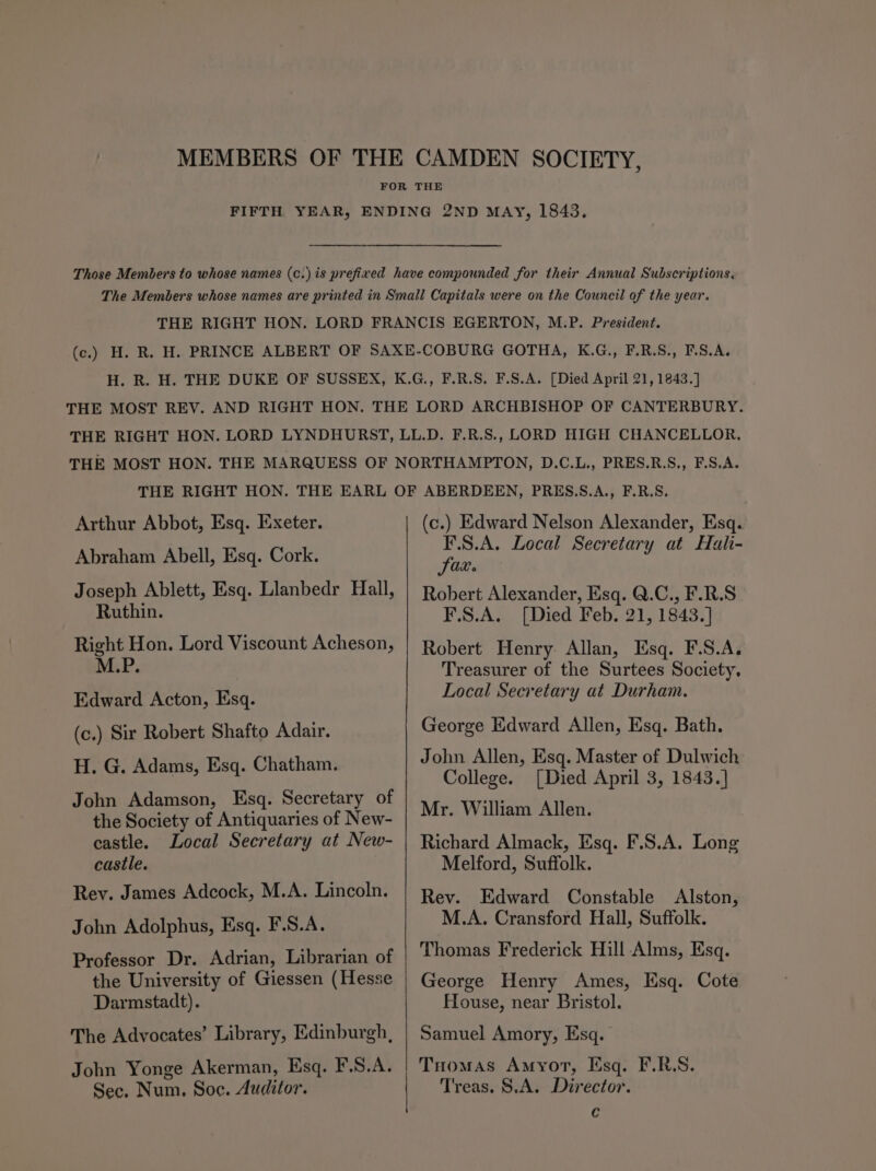 Arthur Abbot, Esq. Exeter. Abraham Abell, Esq. Cork. Joseph Ablett, Esq. Llanbedr Hall, Ruthin. Right Hon. Lord Viscount Acheson, M.P. Edward Acton, Esq. (c.) Sir Robert Shafto Adair. H. G. Adams, Esq. Chatham. John Adamson, Esq. Secretary of the Society of Antiquaries of New- castle. Local Secretary at New- castle. Rev. James Adcock, M.A. Lincoln. John Adolphus, Esq. F.S.A. Professor Dr. Adrian, Librarian of the University of Giessen (Hesse Darmstadt). The Advocates’ Library, Edinburgh, John Yonge Akerman, Esq. F.S.A. Sec. Num. Soc. Auditor. (c.) Edward Nelson Alexander, Esq. F.S.A. Local Secretary at Hali- Jax. Robert Alexander, Esq. Q.C., F.R.S F.S.A. [Died Feb. 21, 1843.] Robert Henry Allan, Esq. F.S.A. Treasurer of the Surtees Society, Local Secretary at Durham. George Edward Allen, Esq. Bath. John Allen, Esq. Master of Dulwich College. [Died April 3, 1843.] Mr. William Allen. Richard Almack, Esq. F.S.A. Long Melford, Suffolk. Rev. Edward Constable Alston, M.A. Cransford Hall, Suffolk. Thomas Frederick Hill -Alms, Esq. George Henry Ames, Esq. Cote House, near Bristol. Samuel Amory, Esq. Tuomas Amyor, Esq. F.R.S. Treas. $.A. Director. c