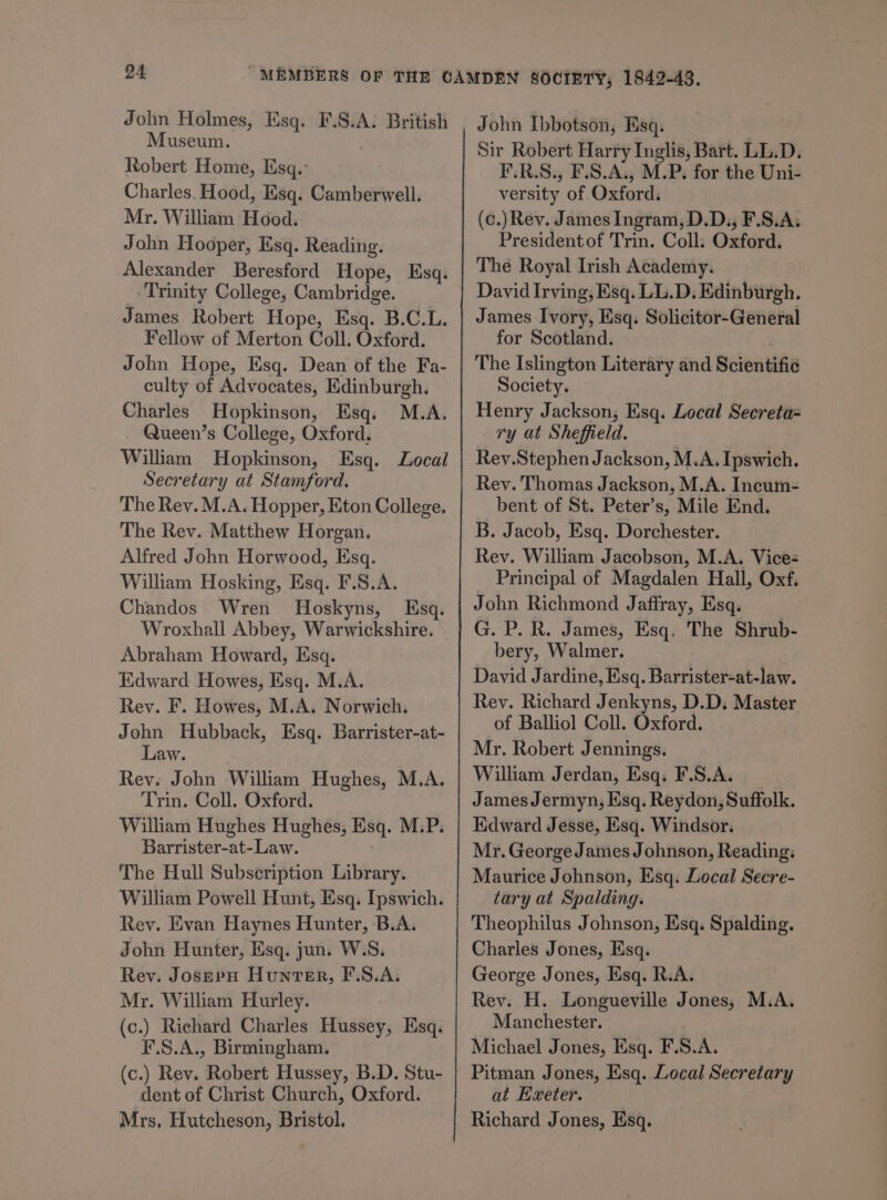 Museum. Robert Home, Esq.” Charles. Hood, Esq. Camberwell. Mr. William Hood. John Hooper, Esq. Reading. Alexander Beresford Hope, Esq. _- Trinity College, Cambridge. James Robert Hope, Esq. B.C.L. Fellow of Merton Coll. Oxford. John Hope, Esq. Dean of the Fa- culty of Advocates, Edinburgh. Charles Hopkinson, Esq. M.A. Queen’s College, Oxford. William Hopkinson, Esq. Local Secretary at Stamford. The Rev. M.A. Hopper, Eton College. The Rev. Matthew Horgan. Alfred John Horwood, Esq. William Hosking, Esq. F.S.A. Chandos Wren Hoskyns, Esq. Wroxhall Abbey, Warwickshire. Abraham Howard, Esq. Edward Howes, Esq. M.A. Rev. F. Howes, M.A. Norwich. John Hubback, Esq. Barrister-at- Law. Rev. John William Hughes, M.A. Trin. Coll. Oxford. William Hughes Hughes, Esq. M;P. Barrister-at-Law. The Hull Subscription Library. William Powell Hunt, Esq. Ipswich. Rev. Evan Haynes Hunter, B.A. John Hunter, Esq. jun. W.S. Rev. Josppu Hunter, F.S.A, Mr. William Hurley. (c.) Riehard Charles Hussey, Esq. F.S.A., Birmingham. (c.) Rev. Robert Hussey, B.D. Stu- dent of Christ Church, Oxford. Mrs, Hutcheson, Bristol. Sir Robert Harry Inglis, Bart. LL.D. F.R.S., F.S.A., M.P. for the Uni- versity of Oxford. (c.) Rev. James Ingram, D.D,, F.S.A; Presidentof Trin. Coll. Oxford. The Royal Irish Academy. David Irving, Esq. LL.D. Edinburgh. James Ivory, Esq. Solicitor-General for Scotland. . The Islington Literary and Scientific Society. Henry Jackson, Esq. Local Secreta- ry at Sheffield. Rey.Stephen Jackson, M.A. Ipswich. Rey. Thomas Jackson, M.A. Incum- bent of St. Peter’s, Mile End. B. Jacob, Esq. Dorchester. Rev. William Jacobson, M.A. Vice- Principal of Magdalen Hall, Oxf. John Richmond Jaffray, Esq. G. P. R. James, Esq. The Shrub- bery, Walmer. David Jardine, Esq. Barrister-at-law. Rev. Richard Jenkyns, D.D. Master of Balliol Coll. Oxford. Mr. Robert Jennings. William Jerdan, Esq. F.S.A. James Jermyn, Esq. Reydon, Suffolk. Kdward Jesse, Esq. Windsor. Mr. George James Johnson, Reading. Maurice Johnson, Esq. Local Secre- tary at Spalding. Theophilus Johnson, Esq. Spalding. Charles Jones, Esq. George Jones, Esq. R.A. Rey. H. Longueville Jones, M.A. Manchester. Michael Jones, Esq. F.S.A. Pitman Jones, Esq. Local Secretary at Exeter. Richard Jones, Esq.