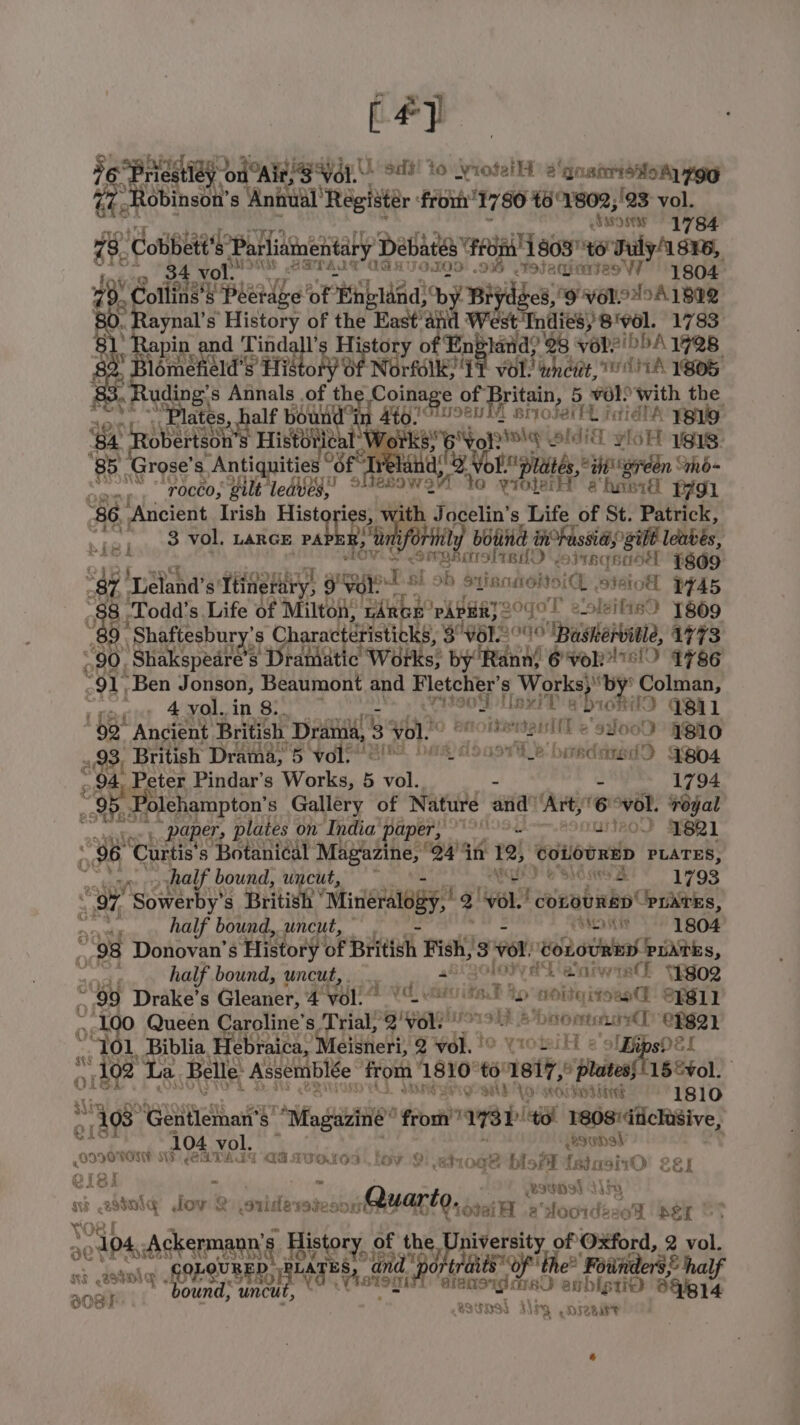 Attar 1784 78. Cobbett's ‘Parlianentary Debates from! Neos teraul 7/1836, 34 vo rot WS SETAUTOUGHIALOD 9% | Me naaieeoveT 1804 es i nape of Bhbland; °b oe » 9 VorSAOA1 BIR api. sigh of the anges West Indies, 8'vel. 1783 pin, and Tindall’ y of Eneland? 28 vereibbA 19@B ield’s His ony oe Noval 4 VOL inncaee, NTA 105 be ae s Annals .of th Coinage of Britain, 5 vol? with the eas AW ‘Pla tes, half boundin 4t0/° 2801. sroserhL idl A WEY ‘84 ‘Rober SS HIMEO nical Works! 6 Yon 4 Sli yloH 1e1s. ‘85. irose’s Antiquities OF nd 8 Vora plates,°inereen thb- a TOY Ne gilt ledbes.! sltzsows 1 to 2 a ‘haere 1791 86, _ Ancient Irish rales ith Jocelin’s Life of St. Patrick, 3 vol. LARGE PA ri bound anhassias gill leabes, S fone mraliedO eirsqsooed F8dq° “87. ad's Itinerary, a yo BL ob stinnaoitoicl StaIod PYA5 88 ‘Todd’s Life of Matas rAnoe PAPER? gogo eslvifis) 1869 “89. Shaftesbury’s S Charactetisticks, vole (0 'Baskervitle, 1773 “90. “Shakspeare’s $ Dramatic Works, by ‘Rann! 6 vor 76!' y 1786 “91, Ben Jonson, Beaumont and Fletcher's A 8 h * Colman, ae >») 4yol.in 8. HOOD UexiP eich QBi1 Ee Ancient British Dratia, 3 vol. cit ‘reeillT & 91009 HSIO _ British Drama, 5 vole a) donot _e birsdatedD Qob4 4 Peter Pindar’s Works, 5 vol. 1794 eRbdRiEh Pinter s Gallery of Natuté ani! ‘Art, 6 vol. Feyjal , Paper. plates on India paper, °\ 089 ) 4¥621 “86 Curtis s Botanical Magazine, Q4 in 12, easeniln PLATES, ohalf bound, uncut, —— ' & S10 sre 1793 “oy Sowerby s British “Miieralbgy, ne rene | conounsy PraAtEs, e half bound, uncut, _ ee 1804 oe Donovan's History’ Ok British Fish, ‘3 Yo! ‘CoLoURED PuAtES, half bound, uncut, . ‘glory aT aaiwia Yedog “99 Drake's Gleaner, 4 vol 2 VL ‘its. ip aoiigixoasd °rs11 oe O Queen Caroline's Trial ge FO sae art ae “CT82) 1 Biblia, Hebraica, Meisneri, Q ai. ie psPet vee La Belle. Assemblée from’ 1810°t6' eit Pos 152vol. 4. VOPR DAL YO! mochosbond 1810 “108 eailtthaalS S- *“Maghiziti® from! 173L to) crags subs per ne sis eC TA dg i 7a 500109 foro etioge bi oi {ataaixO eer Csi ~ ego) A1hy i wing ov & pabhitimaese Quart Q, novell a‘dooidzao9 ‘bey &F jo 104 Ake amnon ee Sia pan op he a ar mer yt oH ee : A eis anbigstip 89/814 Rats) ais 3X OIZRNT