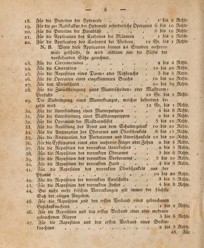 i8. I9* 20. 21. 22. 23. 24. 25. 26. 27. 28. 29. 30. 31. 32. 33. 34. 35. 36. 3?. 38. 3g. 40. 41. 42. 43. 44. 45. 46. 4?. 2 biö 4 10 biö 20 3 biö 5 10 biö 20 20 biö 5o gür bie Function bet* ippbrocele . .. . . 1' biö 2 gür bie jur 9vabifalfm*,ber JÖpbrocele erforberiicf;e Operation 6 biö 10 gut* bie ^unctioit bet* Jiöarnblafe . . . ♦ 6 biö 10 gut* bie Application beö ^athetcrö bei Scannern . 1 biö 2 gür bie Application beö ^atbeterö bei Leibern. 12 ©r. biö 1 N. B. ^Beitn biefe Application binnen 24 @tunben mehrere* male gefdf)k\)t, fo tpirb alöbann mit* bie dpalfte bet* borffehenben @a|e gerechnet, gur bie Circurrrcision . . . gur bie Castration ..... gut* bie SKepofttion eineö '©arm# ober 9ce|brucf)ö gur bie .Operation eineö eingeflcmmten S5rucf)ö gur ben @teinfd;nitt. gut* bie ßmücfbtingung eineö SDZutterfchciben* ober 2D?af?barm* 53orfaJttö . . . . . . 12 ©r. biö 1 *Oie Einbringung eineö 2ftutterfran,$eö, welcher befonberö be* jablt tpirb . . . . . * * 12 ©r. biö 1 gur bie Unferbinbung eineö SOZutferpoIppett . « 4 biö 8 gur bie Unterbinbung eineö 2ftaf?barmpolt;pen . . 2 biö 4 gur bie Operation bei* SDZaffbarmftffel . . . 5 biö 10 gur bie Auölofung beö Armö auö bem @<f)ultergelenf 10 biö 20 gur bie Amputation beö Oberarmö unb Oberfcftenfetö -S biö i5 gut* bie Amputation beö ^Sorberarmö unb Unterfchenfefö 10 biö 20 gut* bie Epfiirpation eineö ober mehrerer ginger ober 3^en 2 biö 4 gut* bie JXepofttion beö Perrenften Unterfieferö . gur bie 3tepo(tfion beö perrenften Oberarmö gur bie SRepojttion beö perrenften SSorberarmö ♦ gur bie £Rcpofttion bet* Perrenften Jpanb . gur bie £Xepojttion beö perrenften Oberfchenfelö Pfanne 2 biö 5 3 biö 6 5 biö 10 4 biö 8 auö bet* 10 biö 20 £Rtf>h*‘ Svthlr* Dttblr SKthlr- S'Ublr* «Ktbfr. SHtftlr. 9vtb(r. SKtblr. 9vtj)h*. 3itf>lr. SRthlr. 9vtblr. SRtbfr. Ätbfr. 3\tf)lr. 9itl;lr. •3itblr. fXthlr. SHtblr. S'vtblr. «Ktblr. SKtbJr. 2Ktf>fr. Duftlr. 3\tl;lr, gut* bie Siepofttion bet* perrenften ^niefcf>etbe . . 3 biö 5 gur bie SKepojTtion beö Perrenften gu§eö ... 4 biö 8 s^ei nicht mehr frifd>ctt Sßerrenfungen gilt immer bet* f>ech>ffe @af ber obigen Angaben. gut* bie JRepofitioit unb ben erffen SSerbanb eineö gebrochenen ©eftchtöfnochenö . . , . ♦ ♦ ♦ 1 biö 2 5\thlr, gur bie «Äepofttfon unb ben erffen SSerbanb einet* ober mehrerer gebrochenen Rippen . . . . . . 3 biö 6 9vtf;lr. gür bie 3iepofttion unb ben erffen Söerbanb eineö 23ccfen* fnochcnö . . . ♦ . . . 2 biö 3 3ttblr. ; 48. gür