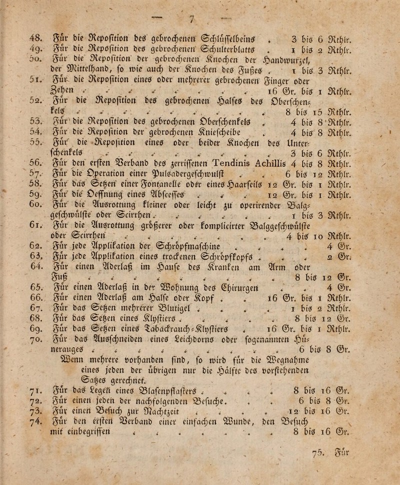 48. Sur bie SKepofttion beS gebrochenen ^chtäffelbeinef . 3 biß 6 9it£fr. 4g. Sur bie SHepöfi'fion bes gebrochenen (Schulterblatts . i bis 2 £Ktf)Ir. 50. Sur bie ^Kepofttcon ber gebrochenen Knochen ber Jpanbiourjel, ber SDtittelhanb, fo tote auch bcr Knochen bes Su£es . i bis 3 Svthlr. 51. Sut^ bie iXepofition eines ober mehrerer gebrochenen Singer ober 3^en * , , 16 ©r. big i SXthlr. 52. 0ür bie Slepofttion bes gebrochenen £alfes bes Oberfchem * * ♦ ♦ ♦ * , 8 bis i5 .^ithlr. 53. Sur1 bie £Kcpofttion bes gebrochenen Oberfd)enfelS . 4 bis 8!3\tf)lr. 54. Sur biß Diepofttion ber gebrochenen ^niefcheibe . 4 bis 8 DUblr. 55. Sur bie Siepojtdon eines ober beiber £nod;en bes Untere fcftenfels ♦* .• * * ♦■ .■ 3 bis 6 Svthlr. 56. Sur ben erffen ^Serbanb beö $erriffenen Tendinis Achillis 4 bis 8 £Rtf)Ir. 57. Sur bie Operation einer ^Pulsabergefchtoulft . . 6 bis 12 Stthlr. 58. Sur bas <8egen ether Sontanefle ober eines £aarfeifs 12 ©r. bis 1 fftttyr. 59. S1]1 bie Oeffnung eines Qlbfcejfes .- 4 . 12 ©r. bis 1 3it^Ir. 60. Sur bie Qiusrottung fleiner ober leicht $u operirenber 23afg* gefchtoulffe ober ©cirrhen.- .- <■ .- . , 1 bis 3 SXthlr. 61. Sur bie Qiusrottung grbfferer ober fomplicirter SBalggefchtbulfTe ober ©cirrhen . . , . . . 4 bie? 10 9tfhlr. 62. Sur jebe Qlpplifation ber @d)rbpfmafchinc .... 4 ©r. 63. SAr jßbe Qlpplifation eines troefenen ©cfn’bpffopfs ... 2 ©n 64. Sur einen Qlberlaf? im 35aufc bes Traufen am Qlrm ober Suf? 4 8 bis 12 ©r. 65. Sur einen Qlberlaf} in ber ^Bohnung bes Chirurgen . . 4 @r. 66. Sur einen Qlberla^ am Jg)alfc ober Sopf . . 16 ©r. bis 1 Dvtfjlr. 67. Sur bas @efcn mehrerer ^Blutige! „• . . . 1 bis 2 £Rfhlr. 68. Sur bas ©egen eines ^(pffiers . . < . . 8 bis 12 ©r. 69. Sur bas @e|en eines $a*bdcfrauch^Ipffiers . 18 ©r. bis 1 3ifhlr. 70. Sur bas Qlusfchneiben eines £eicf;borns ober fogenannten Jf)u* nerauges < i 1 t . . 4 * . 6 bis 8 ©r, 5Öenn mehrere oorhanben finb, fo toirb für bie Wegnahme eines jeben ber übrigen nur bie Jpdlftc bes Porffehenben @a|es gerechnet. 71. Sur baS fcegeft eines SSlafenpfTafferd .■ , . * 8 bis 16 ©r. 72. Sur einen jeben ber nachfolgenben £3efud)e. , . 6 bis 8 ©r. 73. Sur einen 'QSefuch jut Dfachfjeit < . < . . 12 bis 16 ©r. 74. Sur ben elften $3erbanb einer einfachen <2Bunbe/ ben $3efu<h mit einbegriffen < 4 . , . . 8 bis 16 ©r. ^ p* r 75. tfur