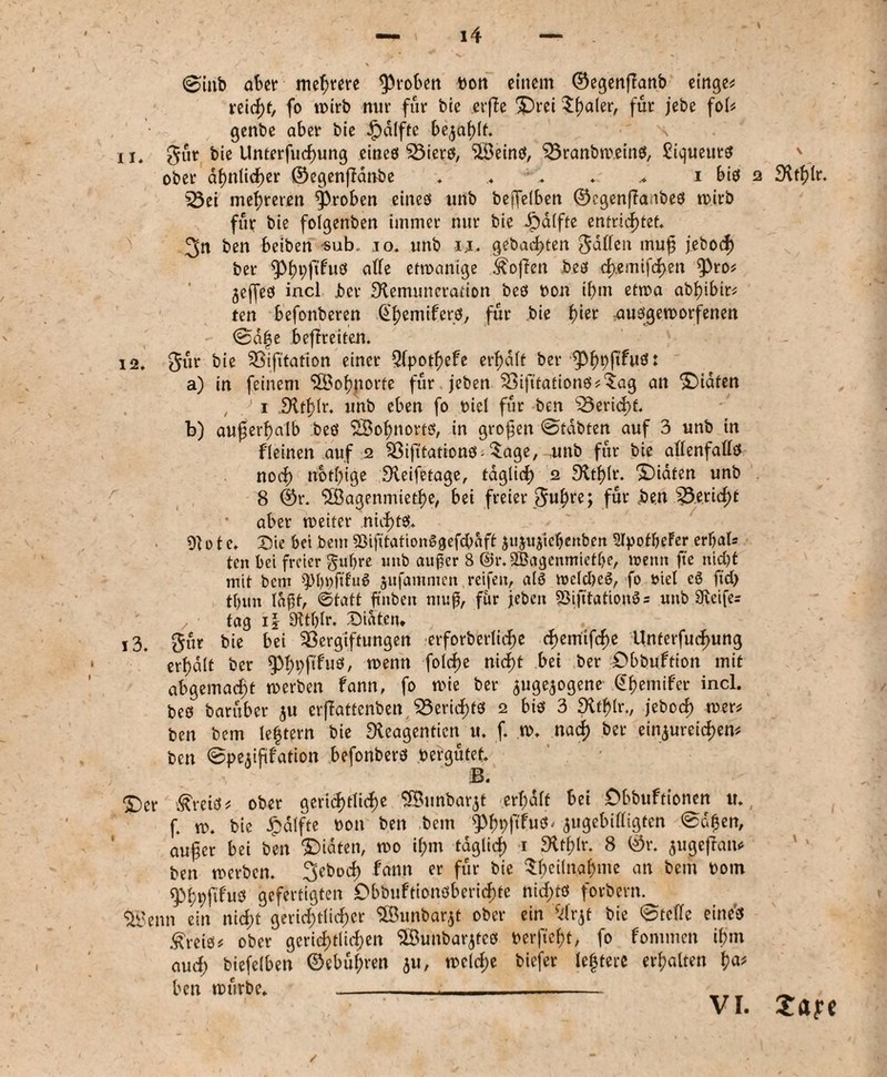 @inb aber meiere groben Dort einem ©egenffanb einge* rcicf)f> fo wirb nur für bie erffe X)rei 5f)aler, für jebe fol* genbe aber bie £dlftc be^afjif. 11. Sur bie Unterfucf)ung eines Viers, ‘üföeins, VranbweinS, £iqueuts ober ähnlicher ©egenffanbe . .♦ . .♦ i bis 2 3U£lr. ^5ei niedreren groben eines unb beffelben ©cgenffaubeS wirb für bie folgenben immer nur bie Raffte entrichtet. 3n ben beiben sub. 10. unb ij. gebauten Sailen muß jeboef) ber affe etwanige hoffen bes <fy&mi\<fytn ipro* jejfes incl Jbcr Stemuneration bes Pon ihm etwa abbjibir^ ten befonberen GihemifcrS, f^r bie fykt aufgeworfenen ©dtje befreiten. 12. S«r bie Vifitation einer Qlpotßefe erhalt ber fPhpßfus: a) in feinem Wohnorte für jeben Vift’tations?$ag an >£>idfen , 1 iXthlr. unb eben fo oicl für ben Bericht. b) außerhalb bes SSBohnortö, in großen ©tdbten auf 3 unb in fleinen auf 2 Viß'fationS'$age, unb für bie allenfalls noch nbtßige £Reifetage, täglich 2 £Rtf)lr. Diäten unb 8 ©r. “Jöagenmiethe, bei freier 0ub)re; für ben §3.erid}t aber weiter nichts. 9101 e. Die bei bem SSifitationSgefcpaft jujujicbenbett 2Ipotbe?er erpals ten bei freier guljre unb außer 8 @i\ SBagenmietpe, wenn fte nicht mit bem spiwftf'uS jufamnicn reifen, als welches, fo siel eS ftd) tl)itn laßt, ©tatt ftnben muß, für jeben 93ifttationS= unb 9veife= , tag i| 9ttl)lr. Diäten* 13. Sur bie bei Vergiftungen erforberliche cf>emifcf)e Unterfuchung erhalt ber 9>h9|tfu0' wenn folcf>e nicht bei ber -öbbuftion mit abgemacht werben fann, fo wie ber ^ugeaogene ühemifer incl. bes baruber ju crjlattcnben Berichts 2 bis 3 Stthlr., jeboch wer# ben bem leftgrn bie Steagenticn u. f. w. nach ber einaureichen* ben ©peaißfation befonbers pergutet. sB. ©er s^reis* ober gerichtliche SBunbarat erhalt bei Dbbuftionen u. f. w. bie £dlfte Pon ben bem iphpßfuS- ^ugebilligten ©oben, außer bei ben ©iäten, wo ihm täglich 1 8 ©r. 3ll3efran,t ben werben, jeboch fann er für bie Sfmiaahme an bem Pom «PhpftfuS gefertigten Dbbuftionsberichte nichts forbern. <ßjenn ein nicht gerichtlicher ©unbaqt ober ein ^t bie ©teile eines £reis* ober gerichtlichen ©unbarjfes Perfteht, fo fontmen ihm aud; biefelben ©ebüf;ren a«/ welche biefer lefjtere erhalten ha* ben würbe. Za?*