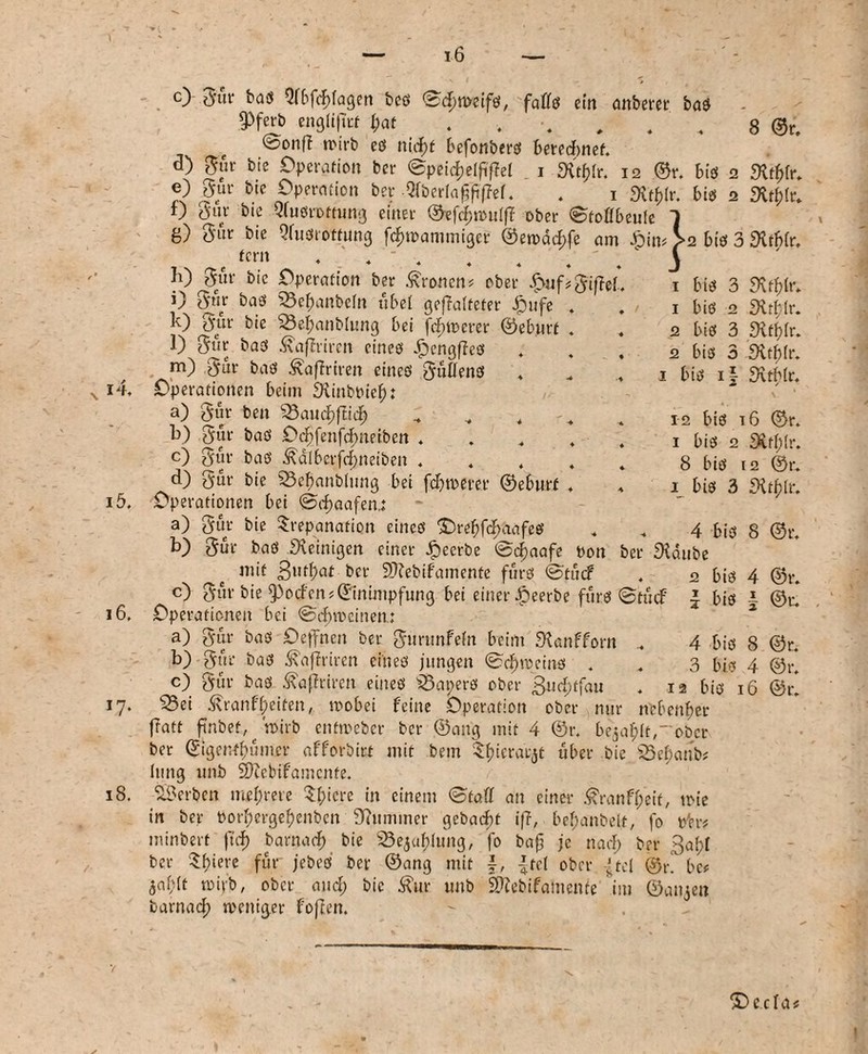 8 ©r. 14, c) tfur bad Qfbfcfffaßen bcd Sd)n>eifd, faffd em anberer bad 9)ferb englijTcf £at . . •, # . ' , @onfT n>irb cd nicf)t befonberd berechnet, d) 0ur bie Operation ber SpeicfjelfifM i £Hrf?fr, 12 ©r. btd 2 Sttfffr, e) gur bte Operation ber Qfberlaffi'fta, , 1 Sit^Ir, bid 2 Sttf;lr, t) tfur bte Qludrottunß einer ©efcfnoulff ober Stoffbeule 1 g) $ür bie Qfudrommg fcfwammißer ©etodcf;fe am £in# >2 btd 3 Sitbfr, fern . 4 ' 4 4 4 ' \ Ii) 5ur bie Operation ber fronen* ober £uf*gifM* 0 0ar bad 33ef)anbeln übel gefalteter £ufe , k) ^Vur bie SÖebanblung bei fcf>tr>erer ©ebprt , l) ^ur bad föiffriren eined £enßffed m) gnr bad ^afriren eined puffend Operationen beim Siinboief): a) gur ben VSautyflify „ „ 4 b) gut- bad Ocfjfenfcfmeiben * c) gur bad halberjc^neiben , d) gur bie ^Behandlung bei fcbtoerer ©eburf , iö, Operationen bei Scf)aafen.: a) gut- bie Trepanation eined 'Orebfdfmafed b) Sür bad Peinigen einer beerbe Scbaafe oon ber Staube mit fjutbat ber Sffebifamente furd StucF . 2 bid 4 ©r. c) 0ur bie Soeben #©inimpfunß bei einer beerbe furd Stucf J bid 1 ©r, 16, Operationen bei Schweinen.: a) gur bad Oeffnen ber gurunfefn beim Stanfforn 4 bid 8 ©r. b) gar bad ^affriren eined jungen Scheins . „ 3 bid 4 ©r! c) $ür bad ßajfriren eined Kapers ober '£u<$tfau , 12 bid 16 ©r! s23ei 3\ranff;eiten, wobei feine Operation ober nur nebenher fratt ftnbef, ‘wirb entweder ber ©ang mit 4 ©r, begabt,ober ber ©igenfhümer afforbirt mit bem Thieracßt über bie iSef)aub# lunß unb SXebifamcnte. Serben mehrere Tfcicre in einem Staff an einer £ranff;eif, wie in ber t)orf)crgehenben Stummer gebaut iff, behandelt, fo oh-# minberf ftef) barnach bie ^Seja^Iung, fo bafj je na cf; ber 3al;f ber Totere für jedes ber ©anß mit -?tcl ober 'tcl ©r? bc# a^lt nsijrb/ ober and) bie $ur unb SXebifamenfe im ©außen darnach weniger foften. *7 18. 1 bid 3 S\tf)(r, 1 bid 2 Strfffr. 2 bid 3 Sttf)(r, 2 bid 3 9vtf)(r. 1 bid if Stthlr. 12 bid 16 ©r, 1 bid 2 3£tf;lr. 8 bid 12 ©r, 1 bid 3 Stt^lr, 4 bid 8 ©r. 5!) cefa# 1