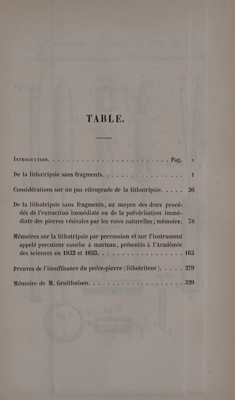 TABLE. INTROQET ON RER RER ETS à: LR PAS De la lithotripsie sans fragments. . : . .. ,. ., . ... 2 Considérations sur un pas rétrograde de la lithotripsie. . . . . De la lithotripsie sans fragments, au moyen des deux procé- dés de l'extraction immédiate ou de la pulvérisation immé- diate des pierres vésicales par les voies naturelles ; mémoire. Mémoires sur la lithotripsie par percussion et sur l'instrument appelé percuteur courbe à marteau, présentés à l’Académie des RienCÉReUTIO el TO 2: 1, à Preuves de l'insuffisance du perce-pierre (lithotriteur). . . . .