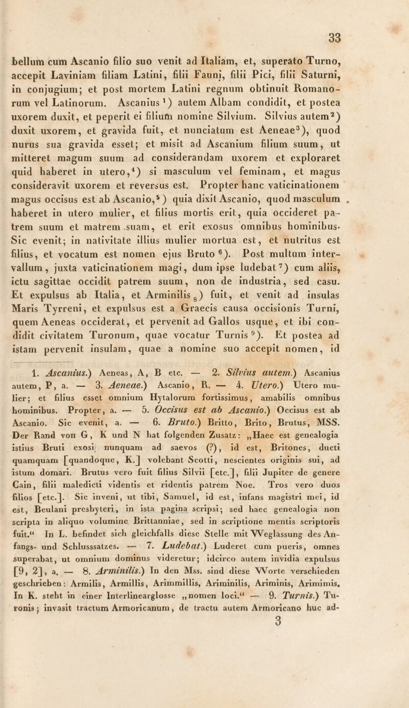 bellum cum Ascanio filio suo venit ad Italiam, et, superato Turno, accepit Laviniam filiam Latini, filii Fauni, filii Pici, filii Saturni, in conjugium; et post mortem Latini regnum obtinuit Romano¬ rum vel Latinorum. Ascanius') autem Albam condidit, et postea uxorem duxit, et peperit ei filiufti nomine Silvium. Silvius autem^) duxit uxorem, et gravida fuit, et nunciatum est Aeneae''), quod nurus sua gravida esset; et misit ad Ascanium filium suum, ut mitteret magum suum ad considerandam uxorem et exploraret quid haberet in utero,*) si masculum vel feminam, et magus consideravit uxorem et reversus est. Propter hanc vaticinationem magus occisus est ab Ascanio,^) quia dixit Ascanio, quod masculum . haberet in utero mulier, et filius mortis erit, quia occideret pa¬ trem suum et matrem suam, et erit exosus omnibus hominibus- Sic evenit; in nativitate illius mulier mortua est, et nutritus est filius, et vocatum est nomen ejus Bruto ®). Post multum inter¬ vallum, juxta vaticinationem magi, dum ipse ludebat’) cum aliis, ictu sagittae occidit patrem suum, non de industria, sed casu. Et expulsus ab Italia, et Arminilisg) fuit, et venit ad insulas Maris Tyrreni, et expulsus est a Graecis causa occisionis Turni, quem Aeneas occiderat, et pervenit ad Gallos usque, et ibi con¬ didit civitatem Turonum, quae vocatur Turnis®). Et postea ad istam pervenit insulam, quae a nomine suo accepit nomen, id 1. Ascanius.) Aeneas, A, B etc. — 2. Sib’ius autefii.) Ascanius autem, P, a. — 3. Aeneaei) Ascanio, R. — 4. Utero.) Utero mu¬ lier; et filius esset omnium Hytalorura fortissimus, amabilis omnibus hominibus. Propter, a. — 5. Occisus est ab Ascanio.) Occisus est ab Ascanio. Sic evenit, a. — 6. Bruto.) Britto, Brito, Brutus, MSS. Der Rand von G, K und N hat folgenden Zusatz: „Haec est genealogia istius Bruti exosi nunqu-im ad saevos (?), id est, Britones, ducti quamquam [quandoque, K.J volebant Scotti, nescientes originis sui, ad istum domari. Brutus vero fuit filius Silvii [etc.], filii Jupiter de genere Cain, filii maledicti videntis et ridentis patrem Noe. Tros vero duos filios [etc.]. Sic Inveni, ut tibi, S.amuel, id est, infans magistri mei, id est, Beulani presbyteri, in ista pagina scripsi; sed haec genealogia non scripta in aliquo volumine Brlttanniae, sed in scriptione mentis scriptoris fuit.“ In L. befindet sich gleichfalls diese Stelle mit Weglassung des An¬ fangs- und Schlusssatzes. — 7. L>U(lebat.) Luderet cum pueris, omnes superabat, ut omnium dominus videretur; Idcirco autem invidia expulsus [9, 2], a. — 8. ArmitiiUs.) In den Mss. sind diese Worte verschieden geschrieben; Armills, Armillis, Arlmmillis, Arirainilis, Arlmlnis, Arlmimis. In K. steht in einer Interlinearglosse „nomen loci.“ — 9. Turnis.) Tu¬ ronis ; invasit tractum Armoricanum, de tractu autem Armoricano huc ad- 3