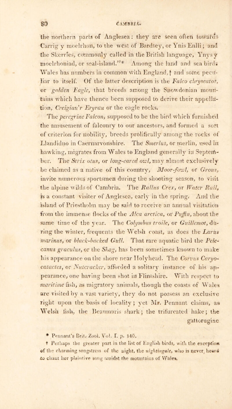 the northern parts of Aliglesea: they are seen often towards Carrig y moelrhoii, to the wCst of Bardsey, or Ynis Enlli; and the Skerries, commonly called in the British language, Ynysy moelrhoniad, or seal-island.Among the land and sea bird* Wales has numbers in common with England, f and some pecu- liar to itself. Of the latter description is the Falco chryseato.i, or golden Eagle, that breeds among the Snowdonian moun- tains which have thence been supposed to derive their appella- tion, Creigiatir Ltyrau of the eagle rocks. The peregrine Falcon^ supposed to be the bird which furnished the amusement of falconry to our ancestors, and formed a soft of criterion for riobility, breeds prolific-ally among the rocks of Elandidno in Caernarvonshire. The Smerlus, or merlin, used in hawking, migrates from Wales to England generally in Septem- ber. The St fix otus, or long-eared oivl, may almost exclusively be claimed as a native of this country, Moor-foivl, or Grous, invite numerous sportsmen during the shooting season, to visit the alpine wilds of Cambria. The Radius Crex, or Water Rail, rs a constant visiter of Anglesea, early in the spring. And the island of Priestholm may be said to receive an annual visitation from the immense flocks of the Alca arctica, of Puffin, about the same time of the year. The Colymbits troile, or Guillemot, du- ring the winter, frequents the Welsh coast, as does the Lams marinas, or black-backed Gull. That rare aquatic bird the Pele- canus graculus, or the Shag> has been sometimes known to make his appearance on the shore near Holyhead. The Corvus Caryo- catactes, or Nutcracker, afforded a solitary instance of his ap- pearance* one having been shot in Flintshire. With respect to maritime fish, as migratory animals, though the coasts of Wales are visited by a vast variety, they do not possess an exclusive right upon the basis of locality; yet Mr. Pennant claims, as; Welsh fish, the Beaumaris shark; the trifurcated hake; the gatiorugine * Pennant’s Brit/ Zook Vol. I. p. 140, t Perhaps the greater part in the list of English birds, with the exception of the charming songstress of the night, the nightingale, who is never, hear^ to chant her plaintive song amidst the mountains of Wales,