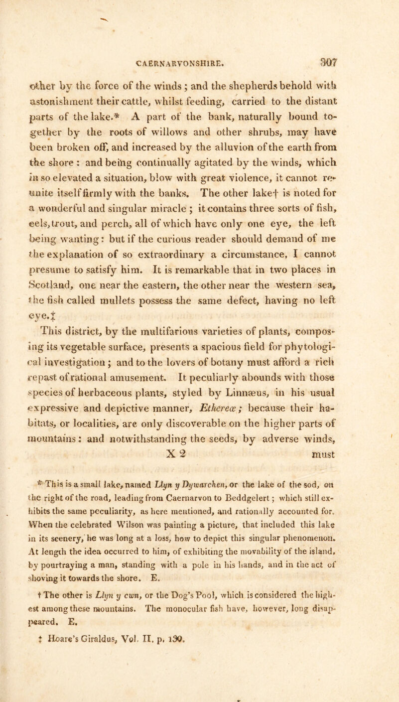 oiber by the force of the winds ; and the shepherds behold with astonishment their cattle, whilst feeding, carried to the distant parts of the lake.* A part of the bank, naturally bound to- gether by the roots of willows and other shrubs, may have been broken off, and increased by the alluvion of the earth from the shore : and being continually agitated by the winds, which in so elevated a situation, blow with great violence, it cannot re*” unite itself firmly with the banks. The other lakef is noted for a wonderful and singular miracle ; it contains three sorts of fish, eels, trout, and perch, all of which have only one eye, the left being wanting: but if the curious reader should demand of me the explanation of so extraordinary a circumstance, I cannot presume to satisfy him. It is remarkable that in two places in Scotland, one near the eastern, the other near the western sea, the fish called mullets possess the same defect, having no left ©ye.: This district, by the multifarious varieties of plants, compos- ing its vegetable surface, presents a spacious field for phytologi- cal investigation ; and to the lovers of botany must afford a rich repast of rational amusement. It peculiarly abounds with those species of herbaceous plants, styled by Linnaeus, in his usual expressive and depictive manner, Etherece; because their ha- bitats, or localities, are only discoverable on the higher parts of mountains: and notwithstanding the seeds, by adverse winds, X 2 must This is a small lake, named Llyn y Dywarchen, or the lake of the sod, on the right of the road, leading from Caernarvon to Beddgelert; which still ex- hibits the same peculiarity, as here mentioned, and rationally accounted for.. When the celebrated Wilson was painting a picture, that included this lake in its scenery, he was long at a loss, how to depict this singular phenomenon. At length the idea occurred to him, of exhibiting the movability of the island, by pourtraying a man, standing with a pole in his hands, and in the act of shoving it towards the shore. E. t The other is Llyn y cum, or the Dog’s Pool, which is considered the high- est among these mountains. The monocular fish have, however, long disap- peared. E.
