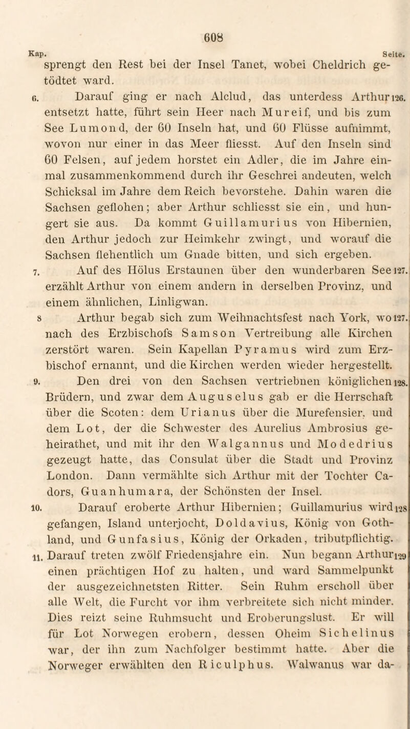 Kap. Seite. sprengt den Rest bei der Insel Tanet, wobei Cheldrich ge- tödtet ward. «. Darauf ging er nach Alclud, das unterdess Arthur 126. entsetzt hatte, führt sein Heer nach Mureif, und bis zum See Lumond, der GO Inseln hat, und GO Flüsse aufnimmt, wovon nur einer in das Meer fliesst. Auf den Inseln sind 60 Felsen, auf jedem horstet ein Adler, die im Jahre ein¬ mal zusammenkommend durch ihr Geschrei andeuten, welch Schicksal im Jahre dem Reich bevorstehe. Dahin waren die Sachsen geflohen; aber Arthur schliesst sie ein, und hun¬ gert sie aus. Da kommt Guillamurius von Hibernien, den Arthur jedoch zur Heimkehr zwingt, und worauf die Sachsen flehentlich um Gnade bitten, und sich ergeben. 7. Auf des IIölus Erstaunen über den wunderbaren See m. erzählt Arthur von einem andern in derselben Provinz, und einem ähnlichen, Linligwan. s Arthur begab sich zum Weihnachtsfest nach York, wom. nach des Erzbischofs Samson Vertreibung alle Kirchen zerstört waren. Sein Kapellan Pyramus wird zum Erz¬ bischof ernannt, und die Kirchen werden wieder hergestellt. 9. Den drei von den Sachsen vertriebnen königlichenm. Brüdern, und zwar dem Auguselus gab er die Herrschaft über die Scoten: dem Urianus über die Murefensier. und dem Lot, der die Schwester des Aurelius Ambrosius ge- heirathet, und mit ihr den Walgannus und Modedrius gezeugt hatte, das Consulat über die Stadt und Provinz London. Dann vermählte sich Arthur mit der Tochter Ca- dors, Guanhumara, der Schönsten der Insel. 10. Darauf eroberte Arthur Hibernien; Guillamurius wird 128 gefangen, Island unterjocht, Dold avius, König von Goth- land, und Gunfasius, König der Orkaden, tributpflichtig. 11. Darauf treten zwölf Friedensjahre ein. Nun begann Arthur^ einen prächtigen Hof zu halten, und ward Sammelpunkt der ausgezeichnetsten Ritter. Sein Ruhm erscholl über alle Welt, die Furcht vor ihm verbreitete sich nicht minder. Dies reizt seine Ruhmsucht und Eroberungslust. Er will für Lot Norwegen erobern, dessen Oheim Sichelinus war, der ihn zum Nachfolger bestimmt hatte. Aber die Norweger erwählten den Riculphus. Walwanus war da-