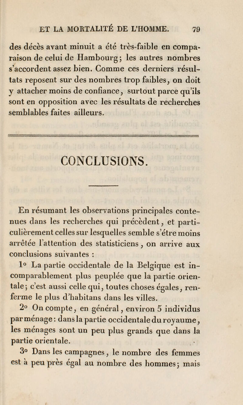 des décès avant minuit a été très-faible en compa¬ raison de celui de Hambourg; les autres nombres s’accordent assez bien. Comme ces derniers résul¬ tats reposent sur des nombres trop faibles, on doit y attacher moins de confiance, surtout parce qu’ils sont en opposition avec les résultats de recherches semblables faites ailleurs. CONCLUSIONS. En résumant les observations principales conte¬ nues dans les recherches qui précèdent, et parti¬ culièrement celles sur lesquelles semble s’étre moins arrêtée l’attention des statisticiens , on arrive aux conclusions suivantes : 1° La partie occidentale de la Belgique est in¬ comparablement plus peuplée que la partie orien¬ tale; c’est aussi celle qui, toutes choses égales, ren¬ ferme le plus d’habitans dans les villes. 2° On compte, en général, environ 5 individus par ménage: dans la partie occidentale du royaume, les ménages sont un peu plus grands que dans la partie orientale. 3° Dans les campagnes, le nombre des femmes est à peu près égal au nombre des hommes; mais