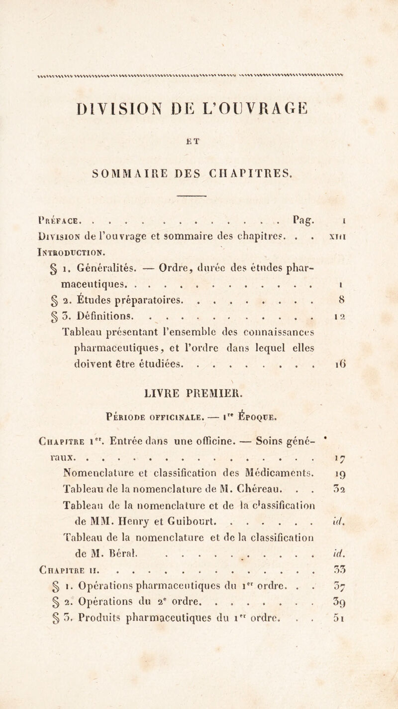 VWVVWVX V\V vwwvnvwvw WIW'WV'VWWVVWVVIW WVVW'W WVVXA4 VVW\ VWWv VWWWVX wvwvwvVWVW DIVISION DE L’OUVRAGE ET SOMMAIRE DES CHAPITRES. Pp.éface, .... ..Pag1. i Division de l’ouvrage et sommaire des chapitres. . . xio Introduction. § 1. Généralités. — Ordre, durée des études phar¬ maceutiques. i § 2. Études préparatoires. ........ 8 § 5. Définitions.. 12 Tableau présentant l’ensemble des connaissances pharmaceutiques, et l’ordre dans lequel elles doivent être étudiées.16 N LIVRE PREMIER. PÉRIODE OFFICINALE, - lre ÉpOQUE. Chapitre 1er. Entrée dans une officine. — Soins géné¬ raux. .. ly Nomenclature et classification des Médicaments. 39 Tableau de la nomenclatiu^e de M. Chéreau. . . 52 Tableau de la nomenclature et de la Massification de MM. Henry et Guibourt.. id. Tableau de la nomenclature et de la classification de M. Béral. .......... id. Chapitre 11.. 55 § 1. Opérations pharmaceutiques du ier ordre, . . 7r~ § 2. Opérations du 2e ordre. ....... 59 § 5, Produits pharmaceutiques du iec ordre. . 5i