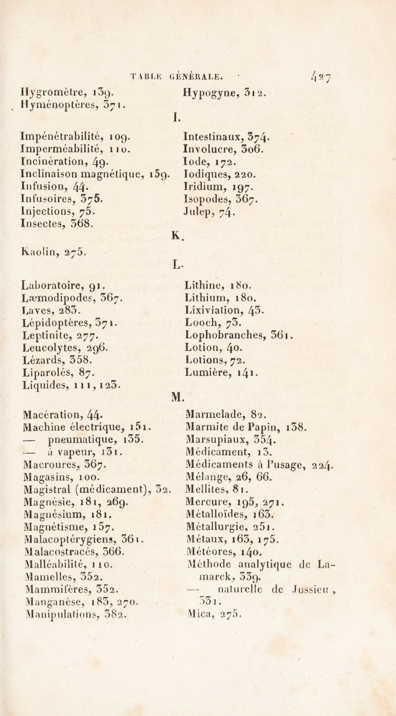 Hygromètre, 139. Hyménoptères, 5ni. I. Impénétrabilité, 109. Imperméabilité, 110. Incinération, 49* Inclinaison magnétique, 159. Infusion, 44* Infusoires, 375. Injections, ?5. Insectes, 568. Kaolin, 275. Laboratoire, 91. La?modipodes, 367. Laves, 283. Lépidoptères, 371. Leptinite, 277. Leucolytes, 296. Lézards, 358. Liparolés, 87. Liquides, 111,123. M. Macération, 44* Machine électrique, i5i. — pneumatique, 135. -— à vapeur, 131. Macroures, 367. Magasins, 100. Magistral (médicament), 32. Magnésie, 181,269. Magnésium, 181. Magnétisme, 157. Malacoptérygiens, 36 ». Malacostracés, 366. Malléabilité, i 10. Mamelles, 352. Mammifères, 352. Manganèse, 183, 270. Manipulations, 382. Hyp°gyne> 312. Intestinaux, 574. Involucre, 3o6. Iode, 172. Iodiques, 220. Iridium, 197. Isopodes, 367. Julep, 74. Lîthine, 180. Lithium, 180. Lixiviation, 43. Looch, 73. Lophobranches, 361. Lotion, 4o. Lotions, 72. Lumière, 141 * Marmelade, 82. Marmite de Papin, i38. Marsupiaux, 354* Médicament, i3. Médicaments à l’usage, 224. Mélange, 26, 66. Mellites, 81. Mercure, 195, 271. Métalloïdes, i63. Métallurgie, 251. Métaux, i63, 175. Météores, 140. Méthode analytique de La¬ ma rck, 339. — naturelle de Jussieu , 531. Mica, 275.