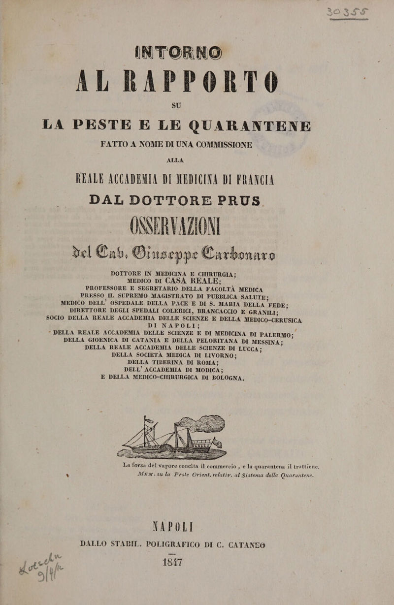 INTORNO ALRAPPORTO LA PESTE E LE QUARANTENE FATTO A NOME DI UNA COMMISSIONE ALLA REALE ACCADEMIA DI MEDICINA DI FRANCIA DAL DOTTORE PRUS OSSERVAZIONI del Cat, Giuseppe Carbonaro DOTTORE IN MEDICINA E CHIRURGIA; MEDICO DI CASA REALE; PROFESSORE E SEGRETARIO DELLA FACOLTÀ MEDICA PRESSO IL SUPREMO MAGISTRATO DI PUBBLICA SALUTE; MEDICO DELL’ OSPEDALE DELLA PACE E DI S. MARIA DELLA FEDE; DIRETTORE DEGLI SPEDALI COLERICI, BRANCACCIO E GRANILI: SOCIO DELLA REALE ACCADEMIA DELLE SCIENZE E DELLA MEDICO-CERUSICA DI NAPOLI; - DELLA REALE ACCADEMIA DELLE SCIENZE E DI MEDICINA DI PALERMO; DELLA GIOENICA DI CATANIA E DELLA PELORITANA DI MESSINA; DELLA REALE ACCADEMIA DELLE SCIENZE DI LUCCA; DELLA SOCIETÀ MEDICA DI LIVORNO; DELLA TIBERINA DI ROMA; DELL’ ACCADEMIA DI MODICA; E DELLA MEDICO-CHIRURGICA DI BOLOGNA, ‘ MEe»m.sula Peste Orient, relativ, al Sistema delle Quarantene. NAPOLI DALLO STABIL. POLIGRAFICO DI C. CATANEO fu Te Î st Gel A li 1847