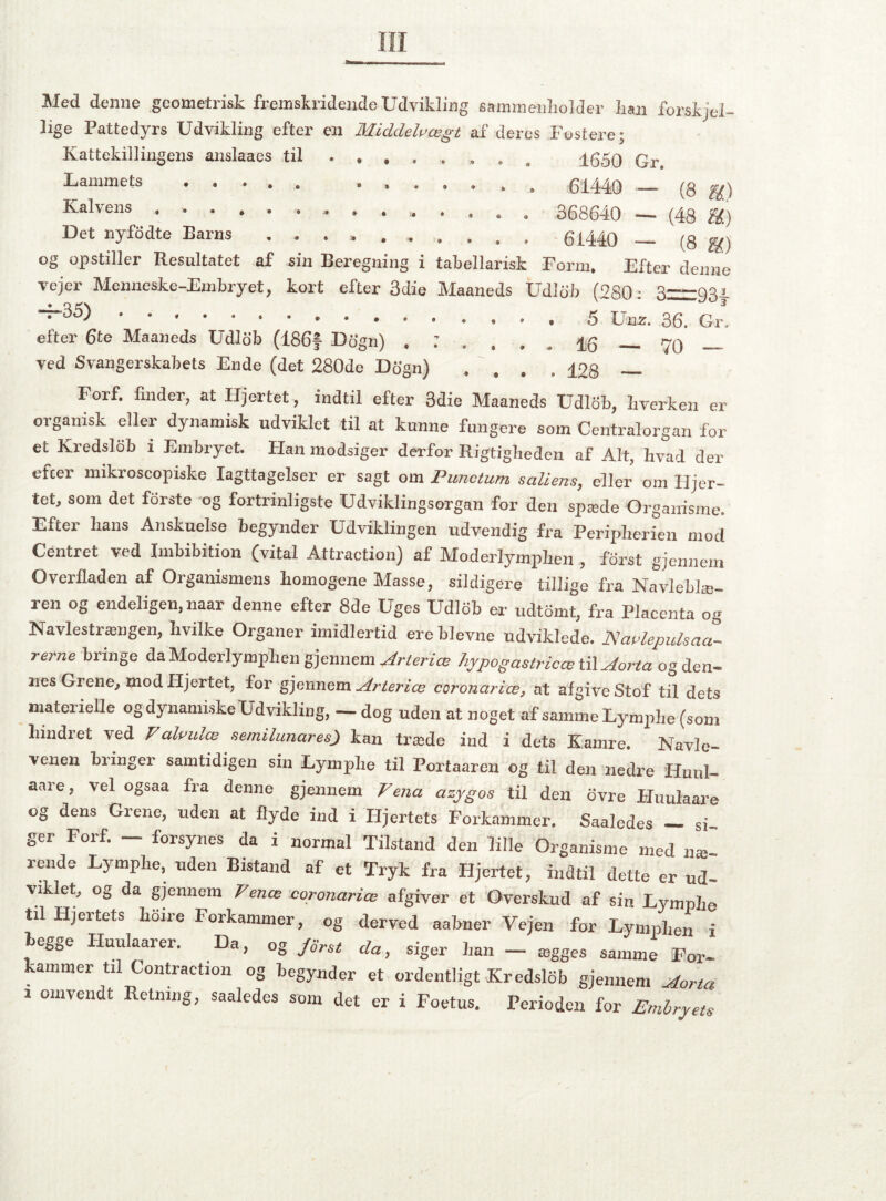 Med denne geometrisk fremskridende Udvikling sammenholder lian forsijeå- lige Pattedyrs Udvikling efter en Middelvægt af deres Postere; Kattekillingens anslaaes til . * , 1650 Gr Lammets ..... . 61440 — (8 f&) Kalvens ............. 368640 — (48 U) Det nyfodte Barns .......... 61440 — (8 gj) og opstiller Resultatet af sin Beregning i tabellarisk Form. Efter denne vejer Menneske-Embryet, kort efter 3die Maaneds Udlob (280: 3—93.1 .. 5 Unz. 36. Gr. efter 6te Maaneds Udlob (186f Dogn) 70 — ved Svangerskabets Ende (det 280de Dogn) .... 128 — Forf. finder, at Hjertet , indtil efter 3die Maaneds Udlob, hverken er organisk eller dynamisk udviklet til at kunne fungere som Centralorgan for et Kredslob i Embryet. Plan modsiger derfor Rigtigheden af Alt, hvad der efeer mikroscopiske Iagttagelser er sagt om Punctum s alien s, eller om Hjer¬ tet, som det forste og fortrinligste Udviklingsorgan for den spæde Organisme. Efter hans Anskuelse begynder Udviklingen udvendig fra Peripherien mod Centret ved Inhibition (vital Attraction) af Moderlymphen , forst gjennem Overfladen af Organismens homogene Masse, sildigere tillige fra Navleblæ¬ ren og ende ligen, naar denne efter 8de Uges Udlob er udtomt, fra Placenta og Navlestrængen, hvilke Organer imidlertid ere bievne udviklede. JS avlepuls aa- rerne bringe da Moderlymphen gjennem Arleriæ hypogastricæ til Aorta og den¬ nes Grene, mod Hjertet, for gjennem Arteriæ coronariæ, at afgive Stof til dets materielle og dynamiske Udvikling, — dog uden at noget af samme Lymphe (som hindret ved Valvulæ semilunares) kan træde ind i dets Kamre. Navle¬ venen hiinger samtidigen sin Lymphe til Portaaren og til den nedre Hunl- aare, vel ogsaa fra denne gjennem Vena azygos til den ovre Pluulaare og dens Grene, uden at flyde ind i Hjertets Forkammer. Saaledes _ si ger Forf. - forsynes da i normal Tilstand den lille Organisme med næ¬ rende Lymphe, uden Bistand af et Tryk fra Hjertet, indtil dette er ud¬ viklet, og da gjennem Venæ coronariæ afgiver et Overskud af sin Lymphe til Hjertets hoire Forkammer, og derved aahner Vejen for Lymphen i begge Huulaarer. Da, og Jorst da, siger han - ægges samme For¬ kammer tu Contraction og begynder et ordentligt Kredslob gjennem Morla 2 omvendt Retning, saaledes som det er i Foetus. Perioden for Emb ryets