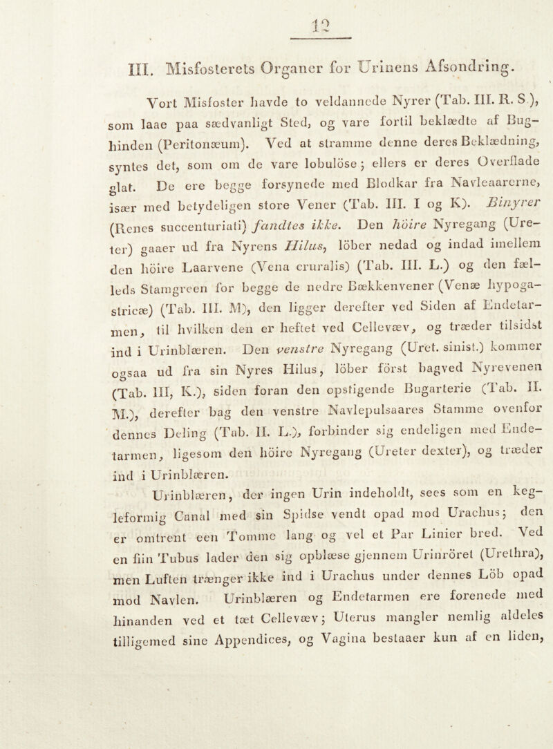 Vort Misfoster havde to veldannede Nyrer (Tab. III. R. S.), som laae paa sædvanligt Sted, og vare fortil beklædte af Bug¬ hinden (Peritonæum). Yed at stramme denne deres Beklædning, syntes det, som om de vare lobulose } ellers er deres Overflade glat. De ere begge forsynede med Blodkar fra Navleaarerne, især med betydeligen store Vener (Tab. III. I og K). Binyrer (Renes succenturiati) fandtes ikke. Den hoire Nyregang (Lre¬ ter) gaaer ud fra Nyrens Hilus, lober nedad og indad imellem den hoire Laarvene (Vena cruralis) (Tab. III. L.) og den fæl¬ leds Stamgreen for begge de nedre Bækkenvener (Venæ hypoga- stricæ) (Tab. III. M), den ligger derefter ved Siden af Endetar¬ men, til hvilken den er heftet ved Celle væv, og træder tilsidst ind i Urinblæren. Den venstre Nyregang (Uret. sinist.) kommer oasaa ud fra sin Nyres Bilus, lober forst bagved Nyrevenen (Tab. III, K.), siden foran den opstigende Bugarterie (Tab. II. M.), derefter bag den venstre Navlepulsaares Stamme ovenfor dennes Deling (Tab. II. L.), forbinder sig endeligen med Ende¬ tarmen, ligesom den hoire Nyregang (Ureter dexter), og træder ind i Urinblæren. Urinblæren, der ingen Urin indeholdt, sees som en keg- 1 efor mi g Canal med sin Spidse vendt opad mod Urachus; den er omtrent een Tomme lang og vel et Par Linier bred. Ved en hin Tubus lader den sig opblæse gjennem Urinroret (Urelhra), men Luften trænger ikke ind i Urachus under dennes Lob opad mod Navlen. Urinblæren og Endetarmen ere forenede med hinanden ved et tæt Celievæv; Uterus mangler nemlig aldeles tilligemed sine Appendices, og Vagina bestaaer kun af en liden,