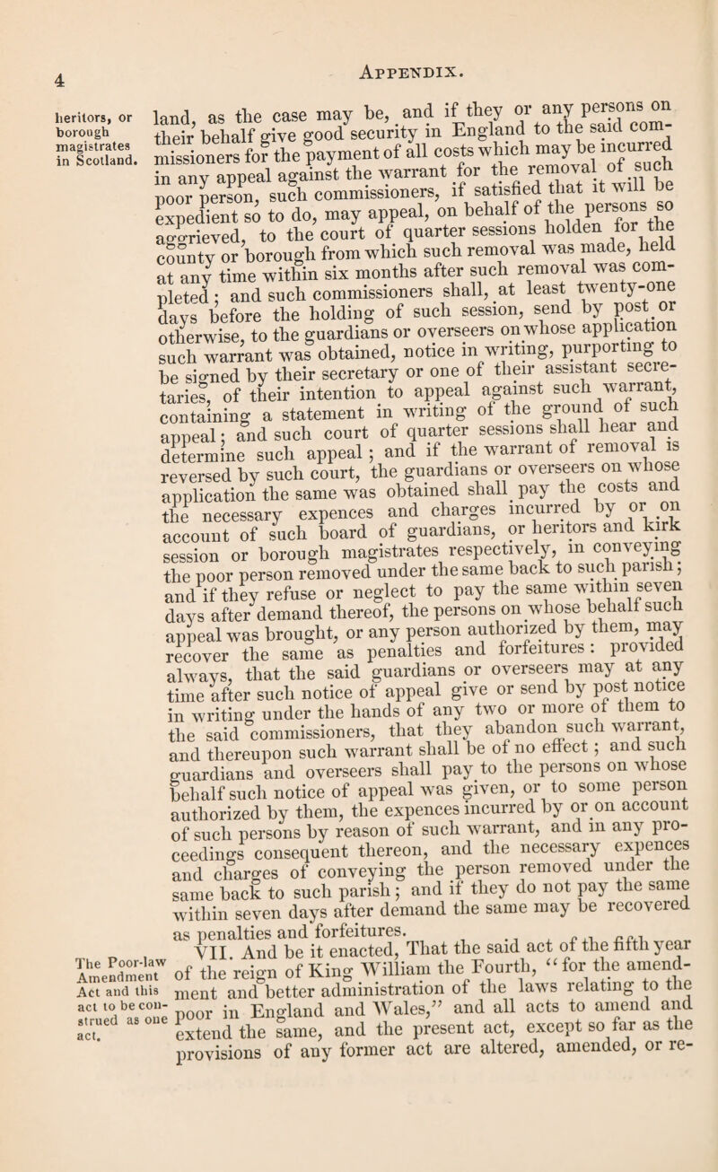 EXAMINATION—continued. presumptions need not be negatived in, 27. identification of documents in, 28. of pauper with certificate of chargeability, 29. whole to be sent, 32. defects on the face of it, 88. need not negative other settlements, 111. EXCEPTIVE HIRINGS, 168. EXTRA-PAROCHIAL RELIEF.—See Relief. F. FORMS.—(See head under which each Form falls.) FRAUD IN BIRTH SETTLEMENTS, 109. FRAUDULENT MARRIAGES, 129. G. GROUNDS OF APPEAL.—(See under each head of settlement.) authority for, 86. classification of, 93. objects and requisites of, 87. when examination is defective on the face of it, 88. against lunatic orders, 90. how to be signed, served and sent, 91. when to be given, 90. when faulty power of respite, 92. improper rejection of, how remedied, 92. all evidence must range itself under some head of appeal, 93. form of notice and grounds, 94. GROUNDS OF OBJECTION.—(See under head of each class of settlement.) GUARDIAN OF MINORS, cannot sign notice of appeal, 82. H. HEARSAY EVIDENCE, 24. of the parents’ settlement, 127. HIRING BY THE JOB, 167. to avoid settlement, 168. with limitations, 171.