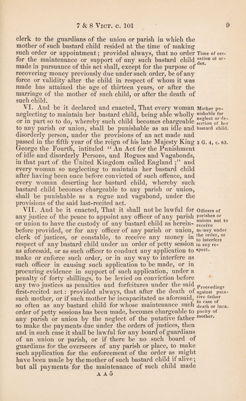 CONTENTS. Section I. PAGE Persons resident for five years in a parish to be irremovable from it.. 7 Certain exceptions to the continuity of residence not to be computed.. 9 Section II. Widows are to be irremovable for twelve months from the parishes their husbands die in . . 10 Section III. Children under sixteen to be irremovable from their parents, &c. who reside in the same parish..11 Section IV. Sick or maimed persons are not to be removed unless perma¬ nently disabled...11 Section V. No settlement is to be gained by this act 13 Section VI. Penalty on parish officers who procure removals without war¬ rants . .. . 13