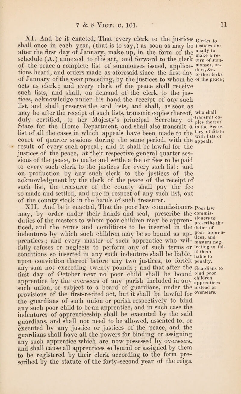 annexed which are nearest the respective places where such persons were born or have resided, or to places not being ports, but being as near as such ports to the respective places where such persons were born or have resided, unless where any such persons consent to be removed to any other port or place in Scotland; and such regulations, when approved by one of her Majesty’s principal secretaries of state, shall be observed and carried into effect by all justices of the peace, guardians, overseers, constables, and other persons charged with or concerned in such removal in such respective county or borough; and until such regulations for any county or borough have been so approved, all rules, orders, regulations, and directions heretofore made for the removal therefrom of persons born in Scotland, Ireland, or the isles of Man, Scilly, Jersey, or Guernsey, shall continue in force, but no longer. V. And be it enacted, That in the case of any parish not in Union, and not containing a population exceeding thirty thousand persons according to the last census published by the authority of parliament, if the guardians or overseers on whose complaint such warrant of removal was made bring or send to the clerk of the peace of the county or to the town clerk of the borough in which such parish is situate such warrant of removal, accompanied with an affidavit, sworn before some justice of the peace of such county or borough, (who shall be authorized to administer the same,) of the amount of the expences bona fide incurred and paid by such guardians or overseers on account of such removal under such warrant as aforesaid, and also a statement of the several items comprised in such amount, such clerk of the peace shall lay the same before the justices of the peace assembled at the quarter session or adjournment thereof holden for such county next after he has received the same, and such town clerk shall lay the same before the council of such borough at their quarterly meeting held next after he has received the same ; and the said justices and council of such borough respectively shall, if the regulations in force in regard to such removal have been duly complied with, order the amount of such expences to be paid out of the county rate raised in such county, or out of the borough fund of such borough, as the case may be. VI. And be it enacted, That if any board of guardians of any union in Ireland, or the heritors and kirk session or borough magistrates in Scotland, think themselves aggrieved by any removal of any poor person under the provisions of this act, and if they forward to the poor law commissioners a statement of the case, and of any grounds for concluding that such poor person is settled, in any parish in England, or was not in law liable to be removed to Ireland or Scot- a a 2 Expences of certain parishes to be repaid out of county rates. Appeals against such removals may be lodged at the instance of boards of guardians in Ireland, and of kirk session.