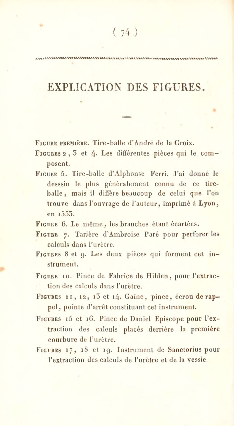 EXPLICATION DES FIGURES. Figure première. Tire-balle d’André de la Croix. Figures 2 , 3 et 4- Les différentes pièces qui le com- posent. Figure 5. Tire-balle d’Alphonse Ferri. J’ai donné le desssin le plus généralement connu de ce tire- balle, mais il diffère beaucoup de celui que l’on trouve dans l’ouvrage de l’auteur, imprimé à Lyon, en i553. Figure 6. Le même, les branches étant écartées. Figure 7. Tarière d’Ambroise Paré pour perforer les calculs dans l’urètre. Figures 8 et g. Les deux pièces qui forment cet in- strument. Figure 10. Pince de Fabrice de Ilildcn, pour l’extrac- tion des calculs dans l’urètre. Figures 11, 12, i3 et i4- Gaine, pince, écrou de rap- pel, pointe d’arrêt constituant cet instrument. Figures i5 et 16. Pince de Daniel Episcope pour l’ex- traction des calculs placés derrière la première courbure de l’urètre. Figures 17, 18 et 19. Instrument de Sanctorius pour l’extraction des calculs de l’urètre et de la vessie