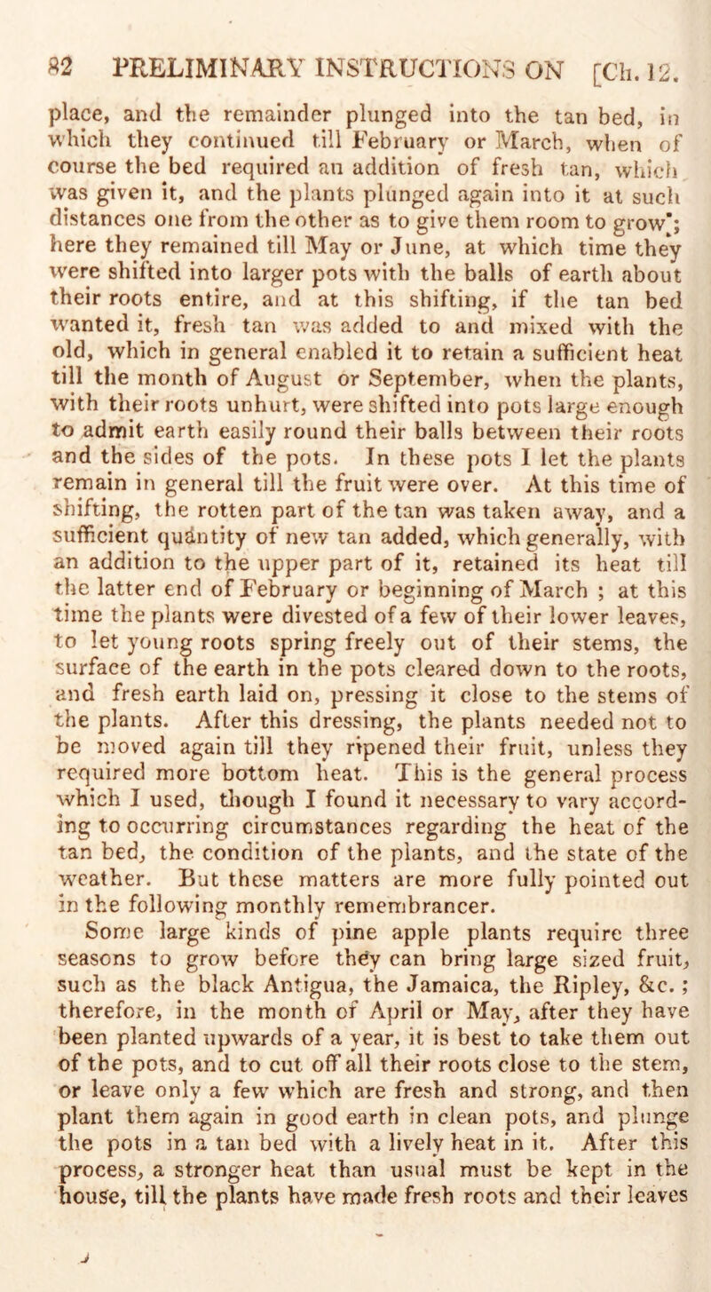 place, and the remainder plunged into the tan bed, in which they continued till February or March, when of course the bed required an addition of fresh tan, which was given it, and the plants plunged again into it at such distances one from the other as to give them room to grow*; here they remained till May or June, at which time they were shifted into larger pots with the balls of earth about their roots entire, and at this shifting, if the tan bed tvanted it, fresh tan was added to and mixed with the old, which in general enabled it to retain a sufficient heat till the month of August or September, when the plants, with their roots unhurt, were shifted into pots large enough to admit earth easily round their balls between their roots and the sides of the pots. In these pots I let the plants remain in general till the fruit were over. At this time of shifting, the rotten part of the tan was taken away, and a sufficient quantity of new tan added, which generally, with an addition to the upper part of it, retained its heat till the latter end of February or beginning of March ; at this time the plants were divested of a few of their lower leaves, to let young roots spring freely out of their stems, the surface of the earth in the pots cleared down to the roots, and fresh earth laid on, pressing it close to the stems of the plants. After this dressing, the plants needed not to be moved again till they ripened their fruit, unless they required more bottom heat. This is the general process which I used, though I found it necessary to vary accord¬ ing to occurring circumstances regarding the heat of the tan bed, the condition of the plants, and the state of the weather. But these matters are more fully pointed out in the following monthly remembrancer. Some large kinds of pine apple plants require three seasons to grow before they can bring large sized fruit, such as the black Antigua, the Jamaica, the Ripley, &c.; therefore, in the month of April or May, after they have been planted upwards of a year, it is best to take them out of the pots, and to cut off all their roots close to the stem, or leave only a few which are fresh and strong, and then plant them again in good earth in clean pots, and plunge the pots in a tan bed with a lively heat in it. After this process, a stronger heat than usual must be kept in the house, till the plants have made fresh roots and their leaves