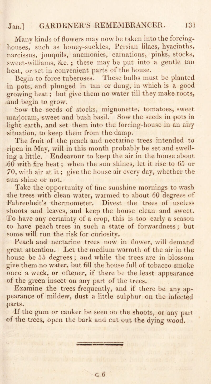 Many kinds of flowers may now be taken into the forcing- houses, such as honey-suckles, Persian lilacs, hyacinths, narcissus, jonquils, anemonies, carnations, pinks, stocks, sweet-williams, &c. ; these may be put into a gentle tan heat, or set in convenient parts of the house. Begin to force tuberoses. These bulbs must be planted in pots, and plunged in tan or dung, in which is a good growing heat; but give them no water till they make roots, -and begin to grow. Sow the seeds of stocks, mignonette, tomatoes, sweet marjoram, swTeet and bush basil. Sow the seeds in pots in light earth, and set them into the forcing-house in an airy situation, to keep them from the damp. The fruit of the peach and nectarine trees intended to ripen in May, will in this month probably be set and swell¬ ing a little. Endeavour to keep the air in the house about 60 with fire heat; when the sun shines, let it rise to 65 or 70, with air at it; give the house air every day, whether the sun shine or not. Take the opportunity of fine sunshine mornings to wash the trees with clean water, warmed to about 60 degrees of Fahrenheit’s thermometer. Divest the trees of useless shoots and leaves, and keep the house clean and sweet. To have any certainty of a crop, this is too early a season to have peach trees in such a state of forwardness; but some will run the risk for curiosity. Peach and nectarine trees now in flower, will demand great attention. Eet the medium warmth of the air in the house be 55 degrees; and while the trees are in blossom give them no water, but fill the house full of tobacco smoke once a week, or oftener, if there be the least appearance of the green insect on any part of the trees. Examine the trees frequently, and if there be any ap¬ pearance of mildew, dust a little sulphur on the infected parts. If the gum or canker be seen on the shoots, or any part of the trees, open the bark and cut out the dying wood.